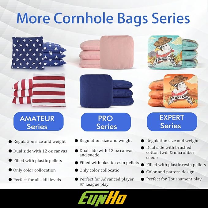 EunHo Dual Sided Cornhole Bags Regulation Set of 8 Professional Cornhole Bean Bags Slick and Stick for Tossing Game-All Weather