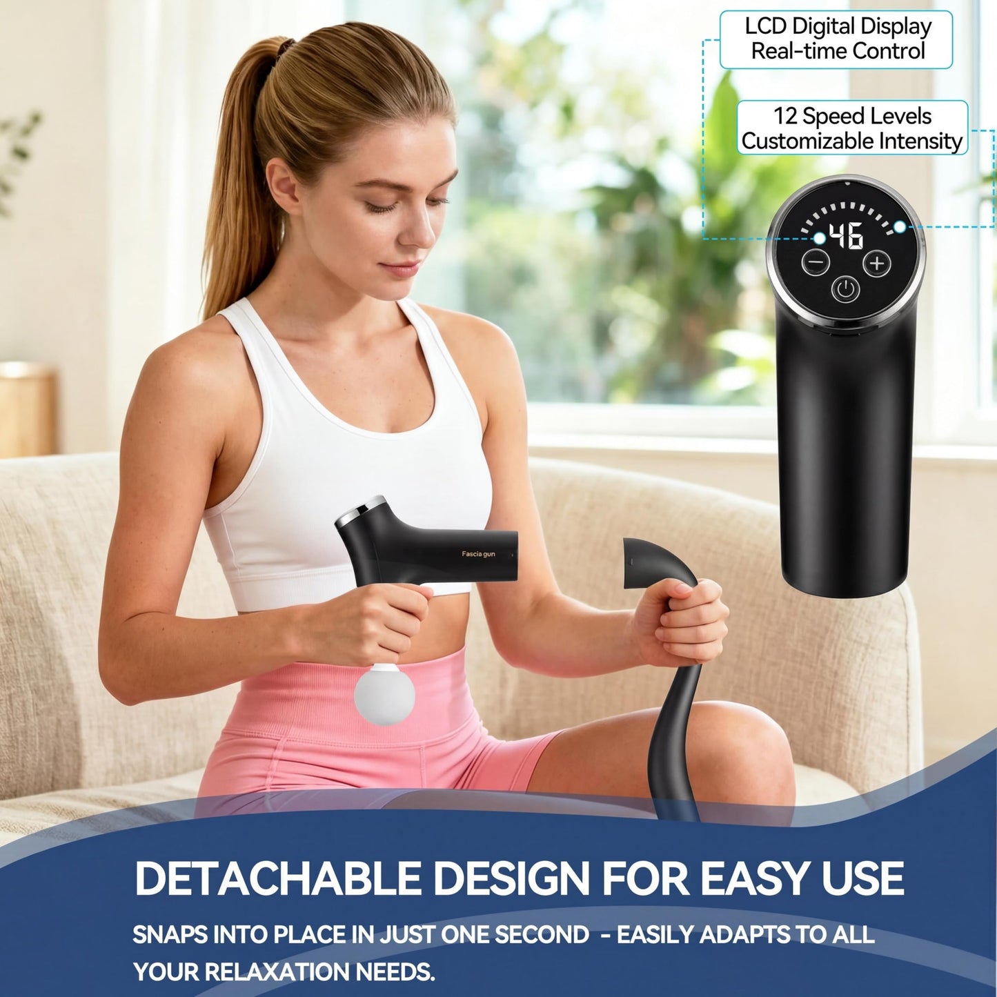 BOZKOON 2-in-1 Detachable Massage Gun Deep Tissue, Ergonomic Extension Handle Back Massager for Hard-to-Reach Areas, 12-Speed Percussion Muscle Massager for Shoulder Waist Thigh Legs