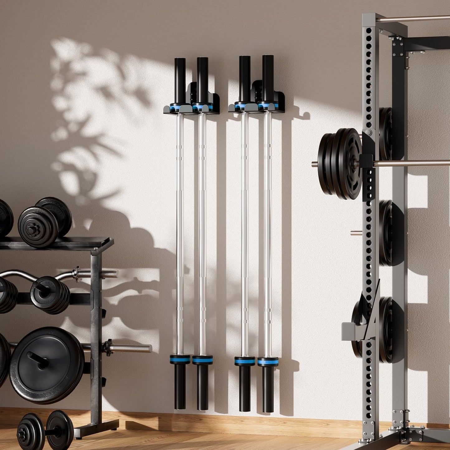 ZGJWJYUU Barbell Wall Holder,Olympic Hanger,Garage Gym Bar Wall Rack with 2 Bar Holders,Vertical Barbell Mount Rack,Space Saving Commercial or Home Gym Accessory,Holds Under 33mm Bar Size(Black)
