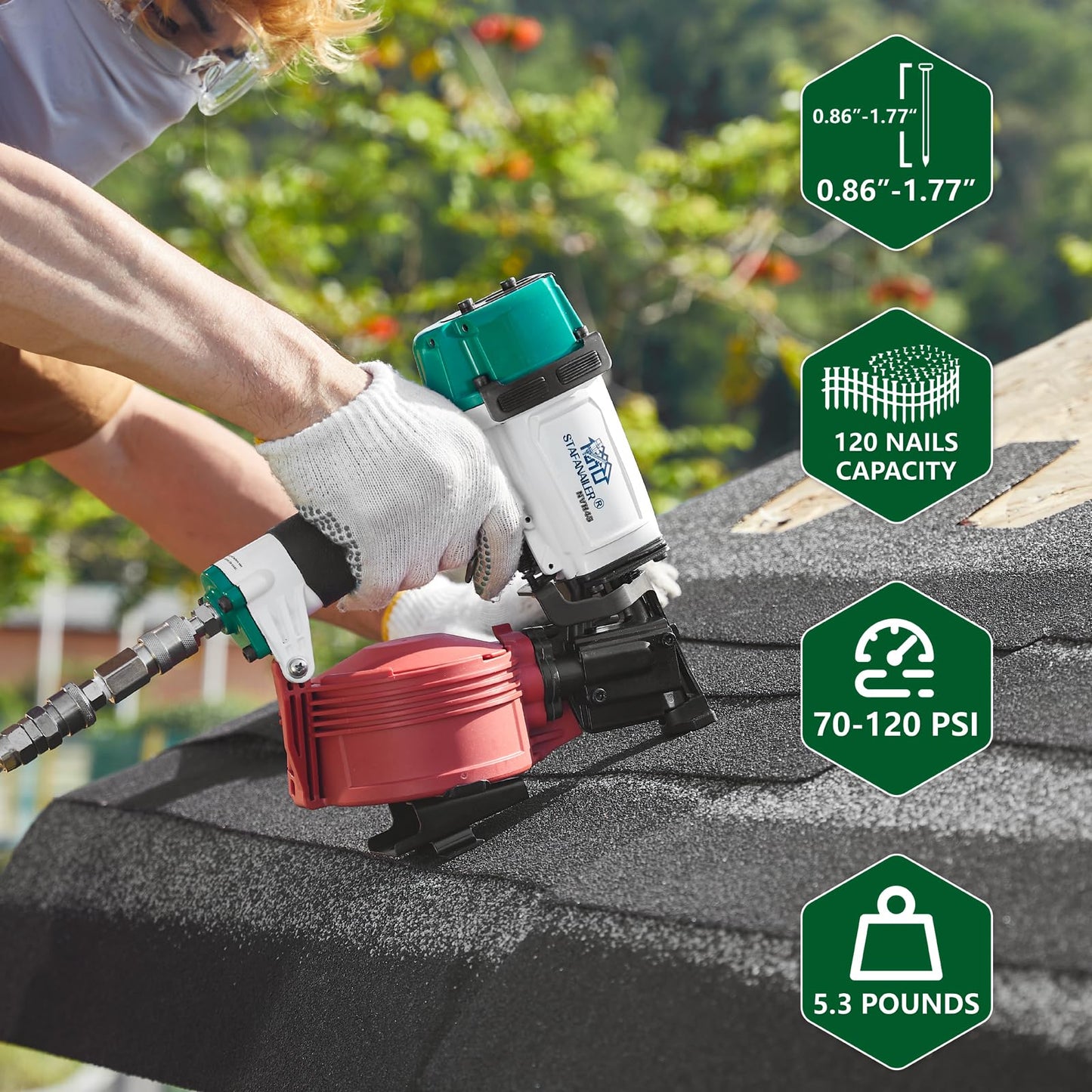 Stafanailer NVH45 Roofing Nail Gun, 15 Degree Pneumatic Pistolas Para Roofing, 7/8" to 1-3/4" Nails Compatibility, 3/8 NPT Air Connector, 120-Pcs Load Capacity for Roofing Constructions(Wht-Grn Ver)