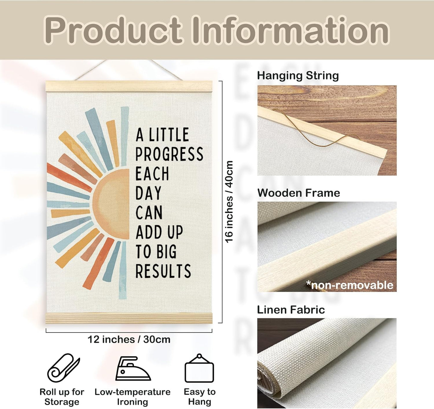 TLESKE Inspirational Mental Health Poster Frame - Progress Each Day Wall Art for Kids Room | 12x16 Boho Sun Design