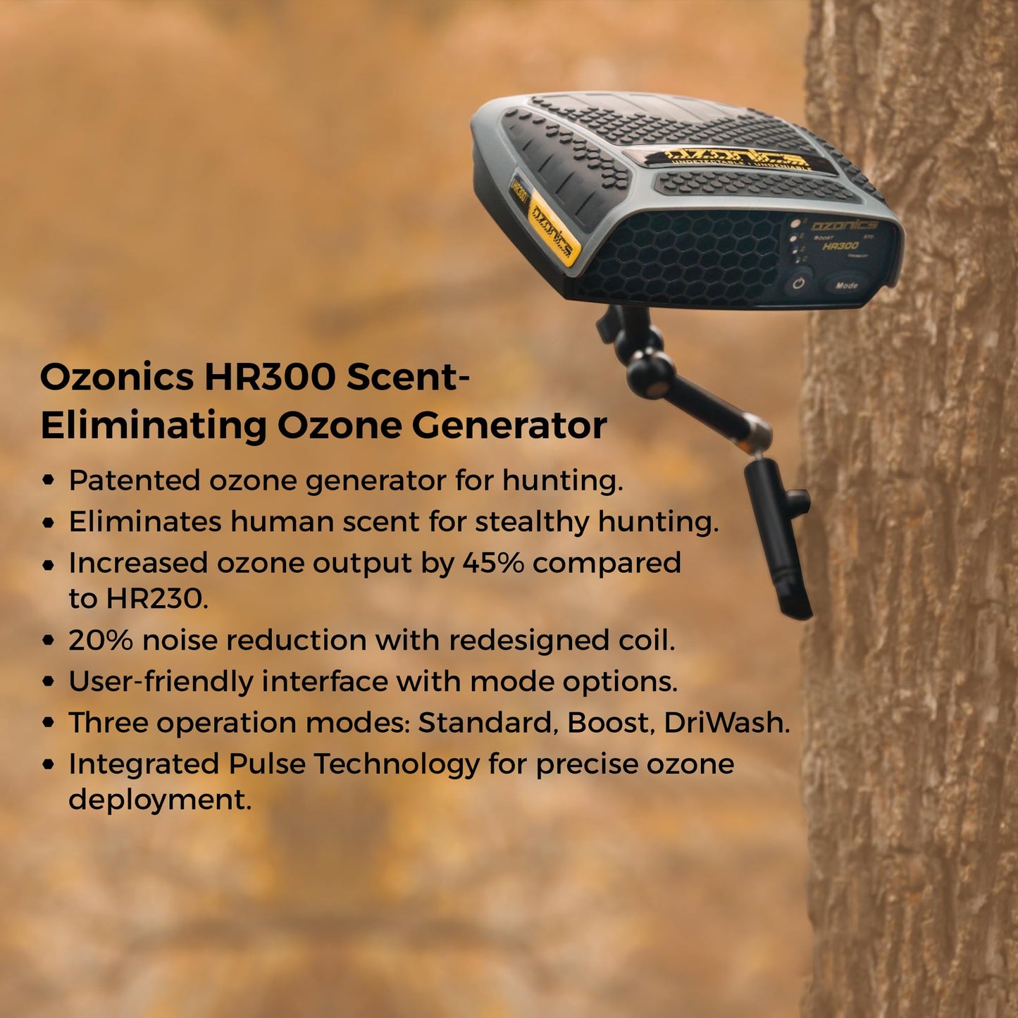 Ozonics HR300 Scent Eliminator | Ozone Generator for Hunting with Boost Output Setting | Scent Control with 3 Modes of Operation | Ozone Odor Eliminator Machine with Rechargeable Battery & Tree Mount