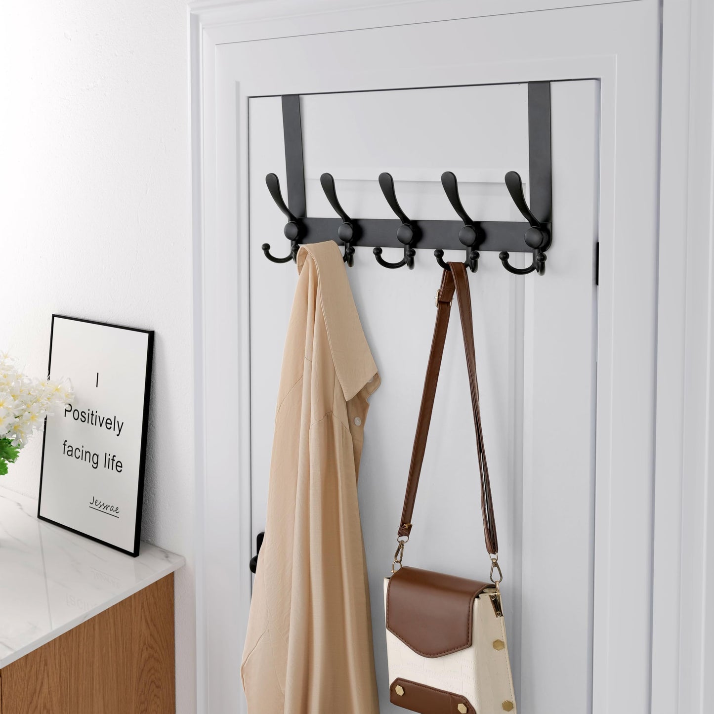 Dseap Over Door Hook 2.0 - Upgraded Version - Simple-Assembly, Strong, Heavy-Duty Stainless Steel 5-Tri-Hook Over the Door Hanger Rack, SimpleStrong Series, Black