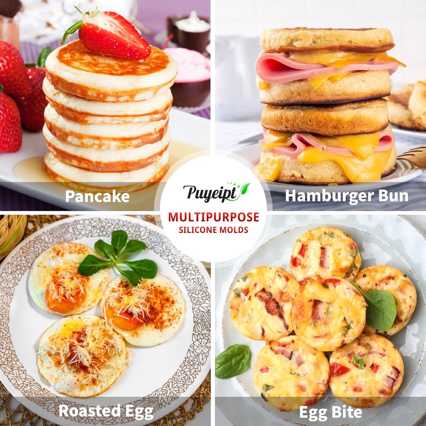 Puyeipt Silicone Egg Molds - 4 Inch Jumbo Round Muffin Top Pans for Breakfast Sandwiches & More