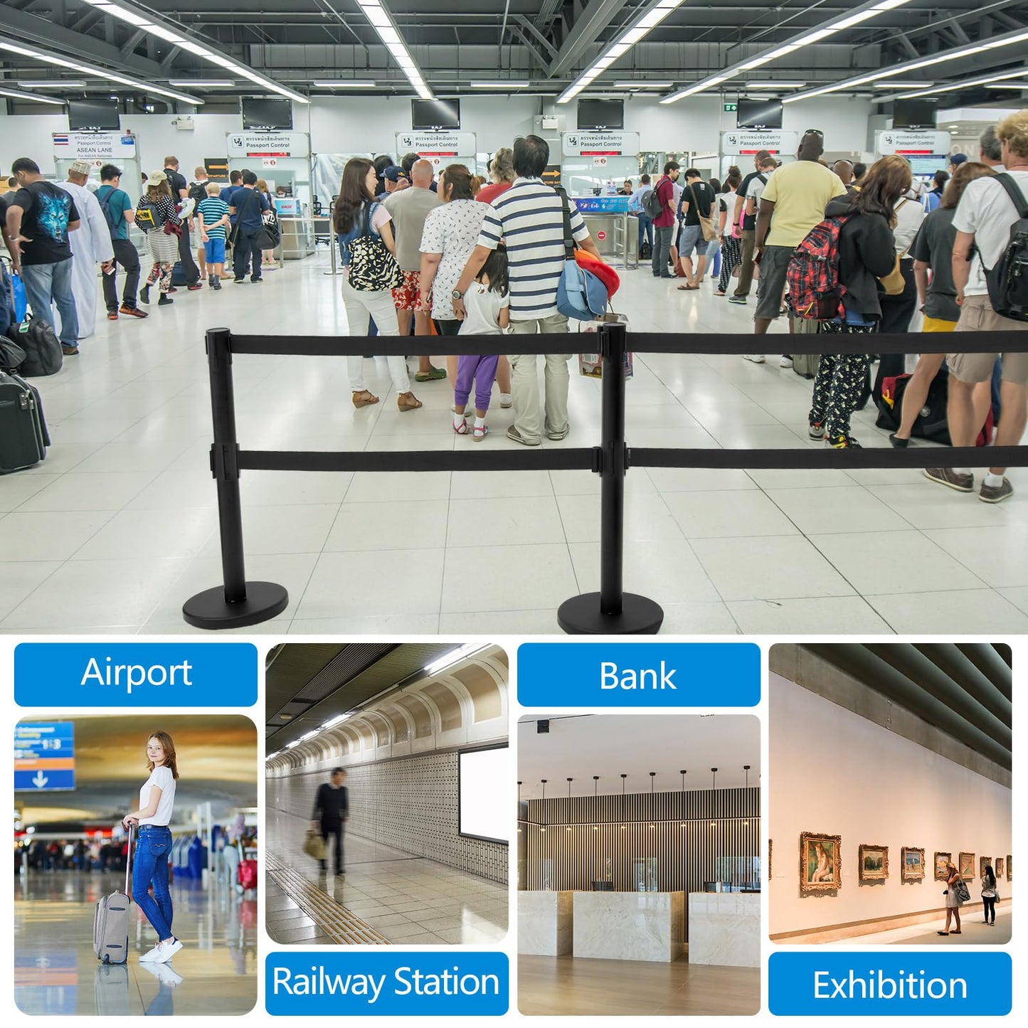 Wonderjune 6 Pcs Crowd Control Stanchions Set Stainless Steel Barrier Post with Dual Retractable Belt 9.8 ft and 1 Sign Holder Crowd Safety Control Barrier Solid Base Easy Connect Assembly