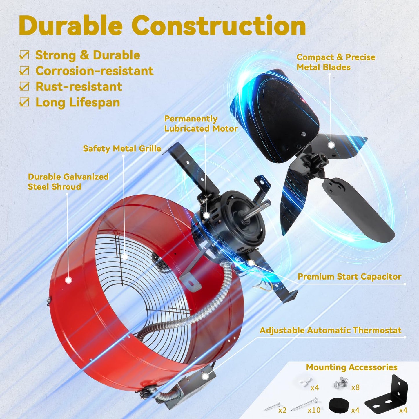 15" Gable Attic Fan with Thermostat, 1650CFM Plug-and-Play Attic Gable Vent Fan with Start Capacitor for 2500 sq.ft, Quiet Attic Exhaust Fan with Thermostat & 20FT Power Cord for House Garage Shed
