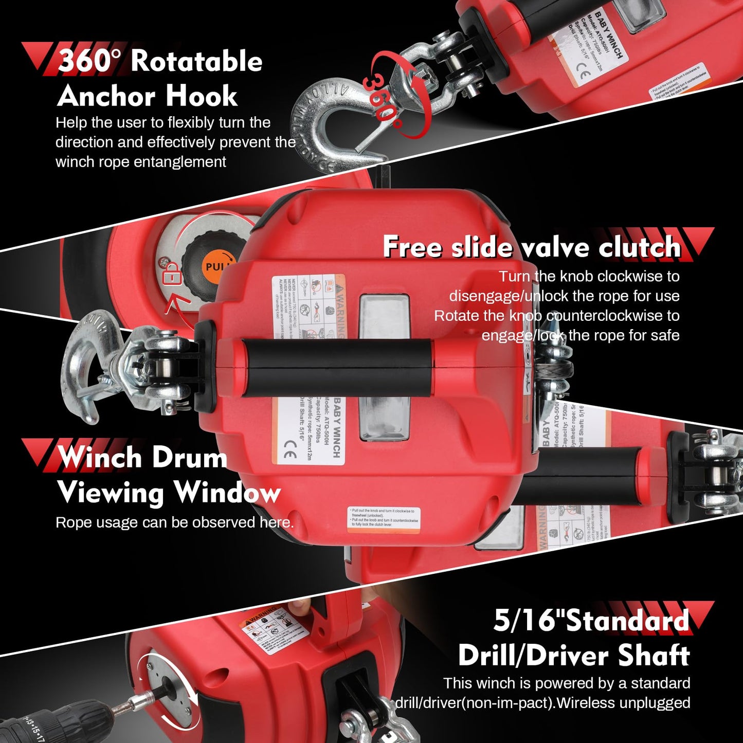 Lonsge Portable Drill Winch of 1000 Lbs, Red Handheld Drill Winch with 40 Foot Synthetic Rope, Rotate The Hook 360 Degrees, for Lifting & Dragging(Red)