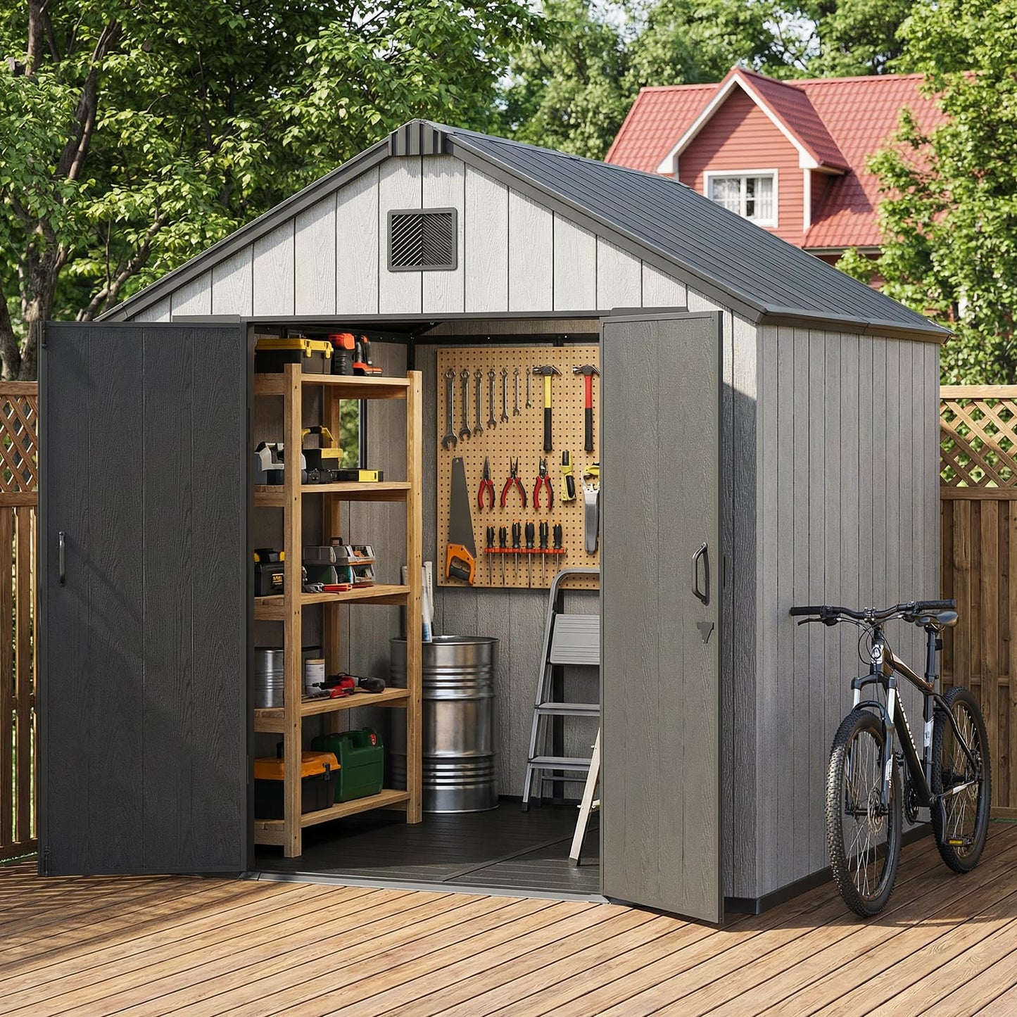 Jocoevol Outdoor Storage Shed, 8x8FT Resin Shed with Floor/Windows/Lockable Door/Vents, 15mm Thickened Heavy Duty All-Weather Garden Tool Shed for Backyard, Patio, Lawn, Gray