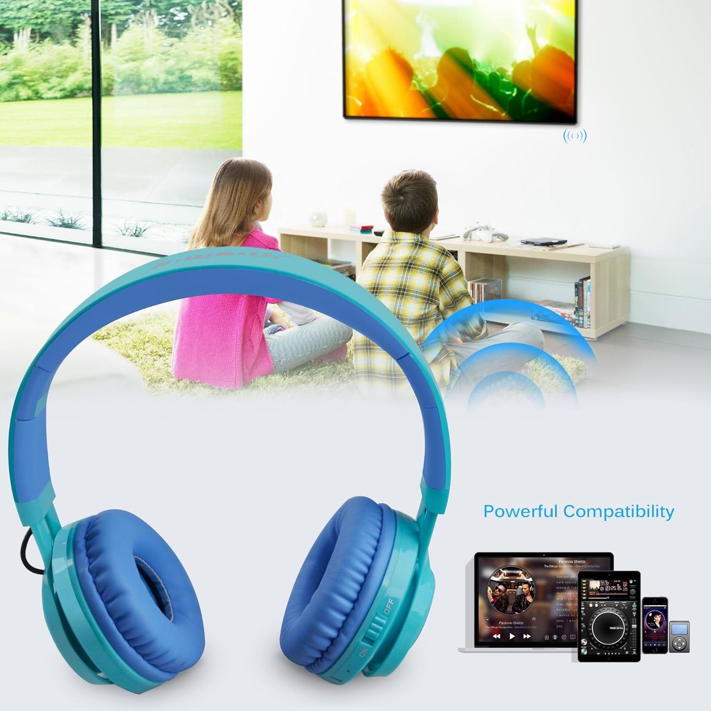 WT-7S Headset Riwbox Kids Bluetooth Headphones, LED Light Up Wireless Foldable Stereo with Microphone and Volume