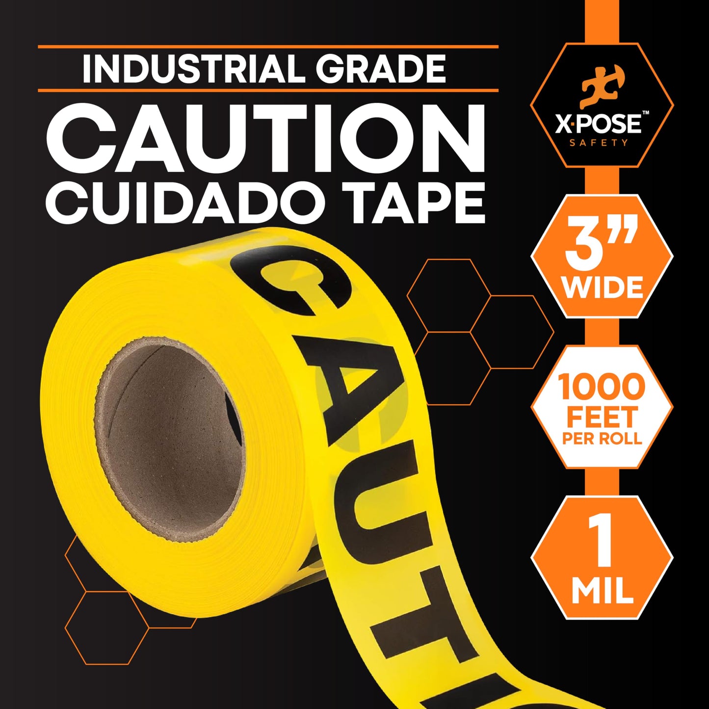 Xpose Safety Yellow Caution/Cuidado Tape – Bulk (24 Rolls) – 3" x 1000' High-Visibility Barricade Tape for Construction Sites, Hazards, Crime Scenes & Halloween Decorations