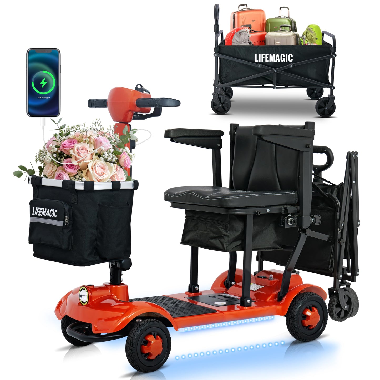 LIFEMAGIC Electric Mobility Scooter for Seniors & Adults – 42lb Ultra Lightweight Foldable, 24-Mile Long Range, Airline & Cruise Approved, Removable Basket & Folding Trailer Included