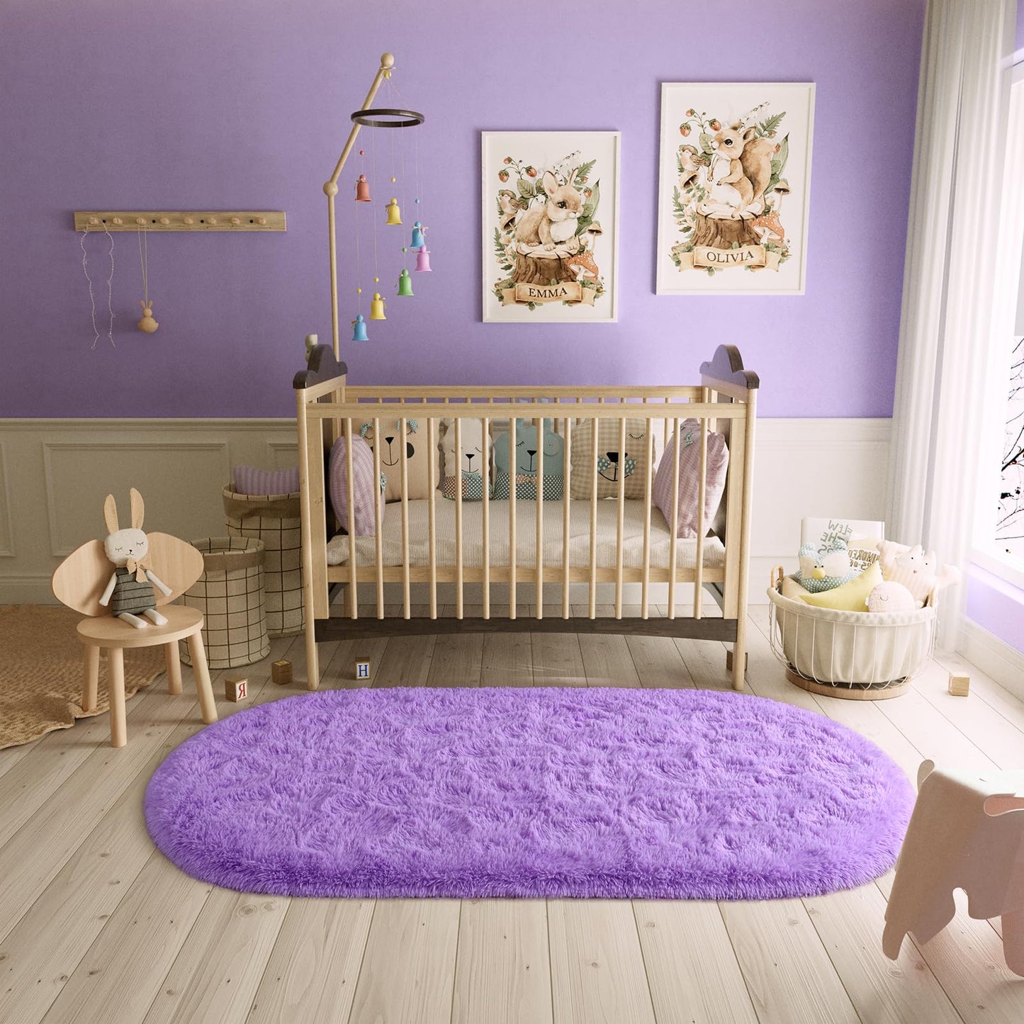 LOCHAS Bedroom Rug 2.6' x 5.3', Purple Fluffy Shaggy Area Rug for Bedroom Bedside, Soft Oval Throw Rugs Carpet for Kids Girls Nursery Living Room Home Decor