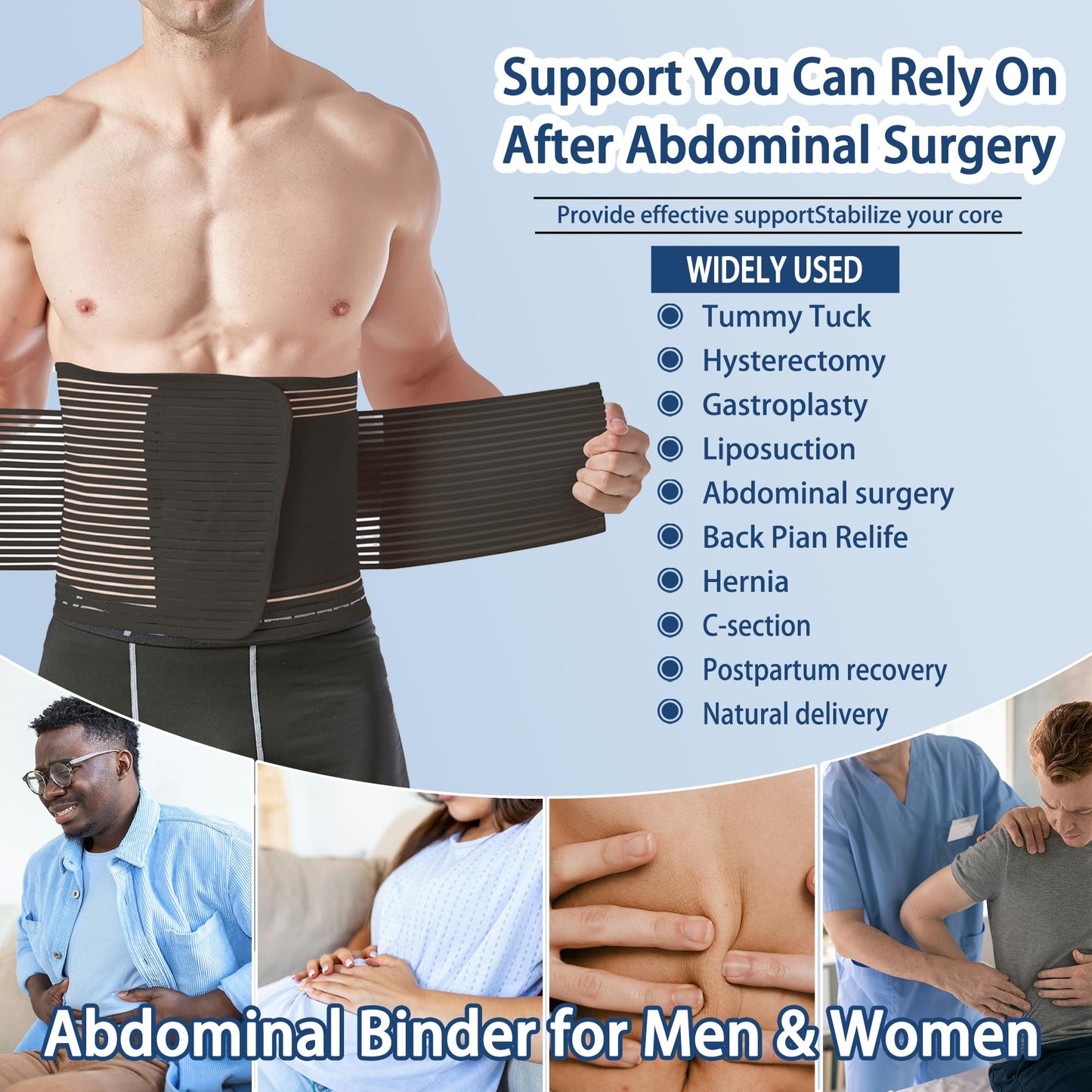 Reian Abdominal Binder for Post Surgery & Postpartum Recovery, Abdomen Hernia Support Belt for Women & Men (Black, Large)