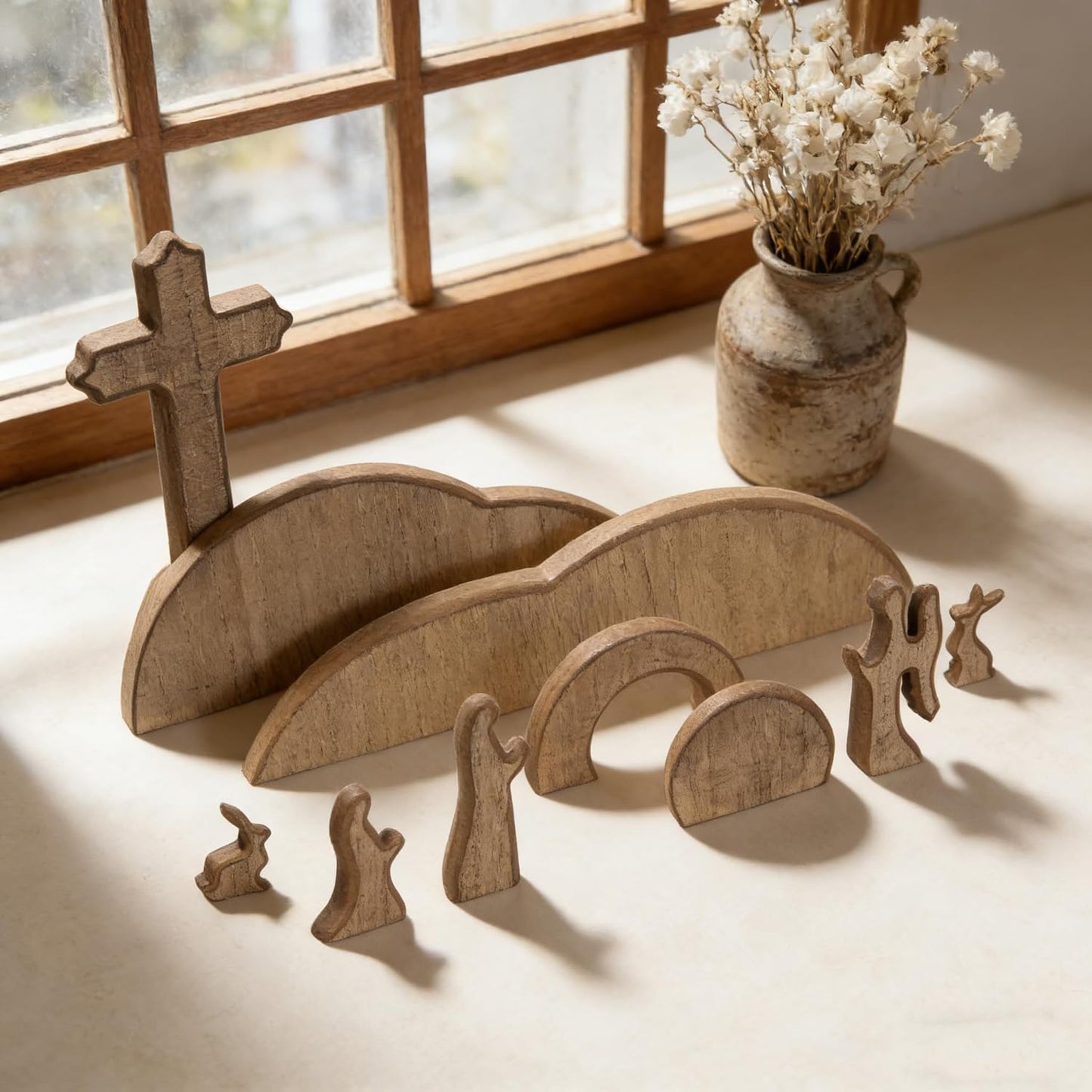 TW SHINE Easter Scene Decoration - Wooden Empty Tomb & Cross Tray Set for Home or Office