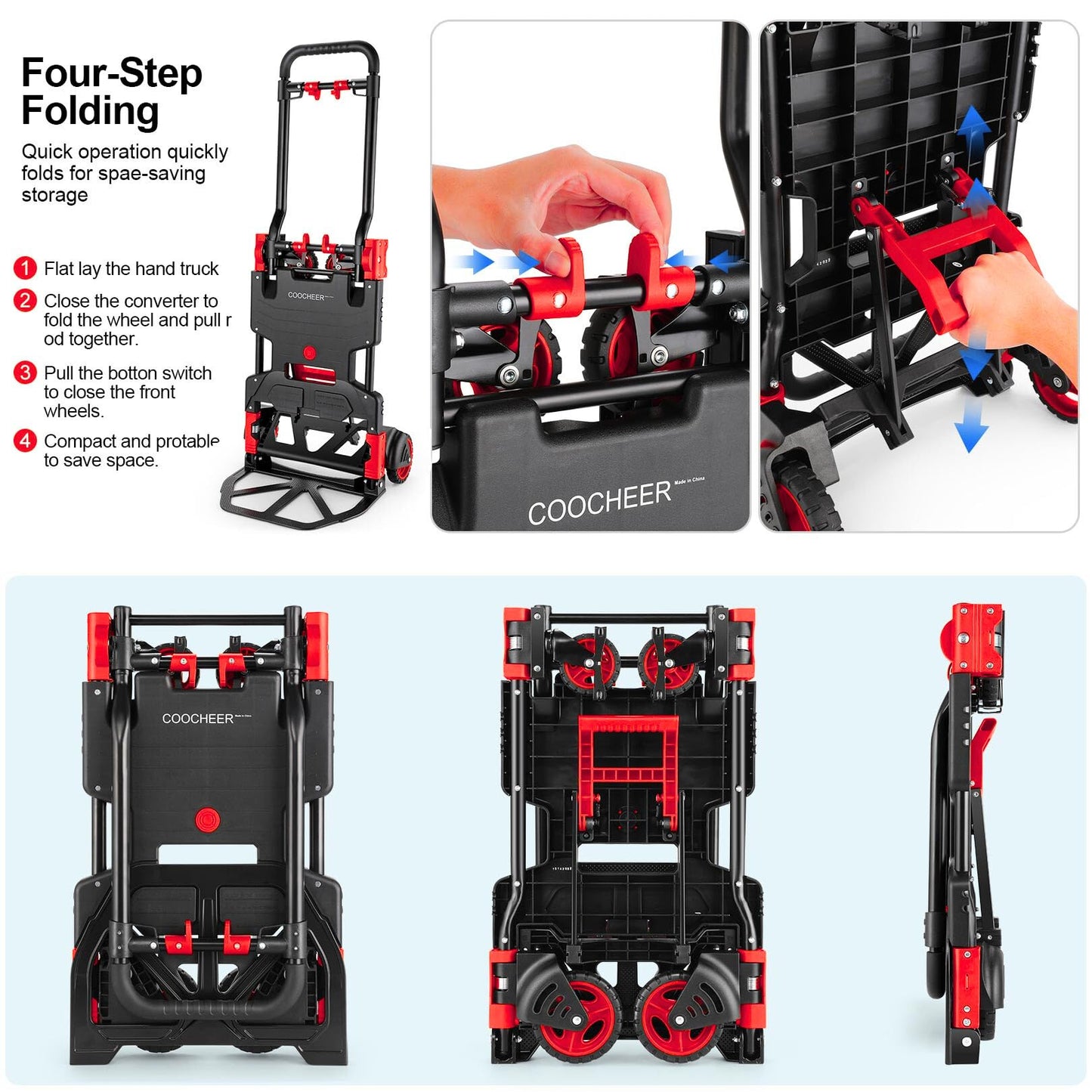 2-in-1 Folding Hand Truck Dolly 330LB Load Carrying, Hand Truck Foldable Dolly with Retractable Handle and 4 Rubber Wheels, Portable Folding Hand Cart for Moving/Travel/Office(Red)