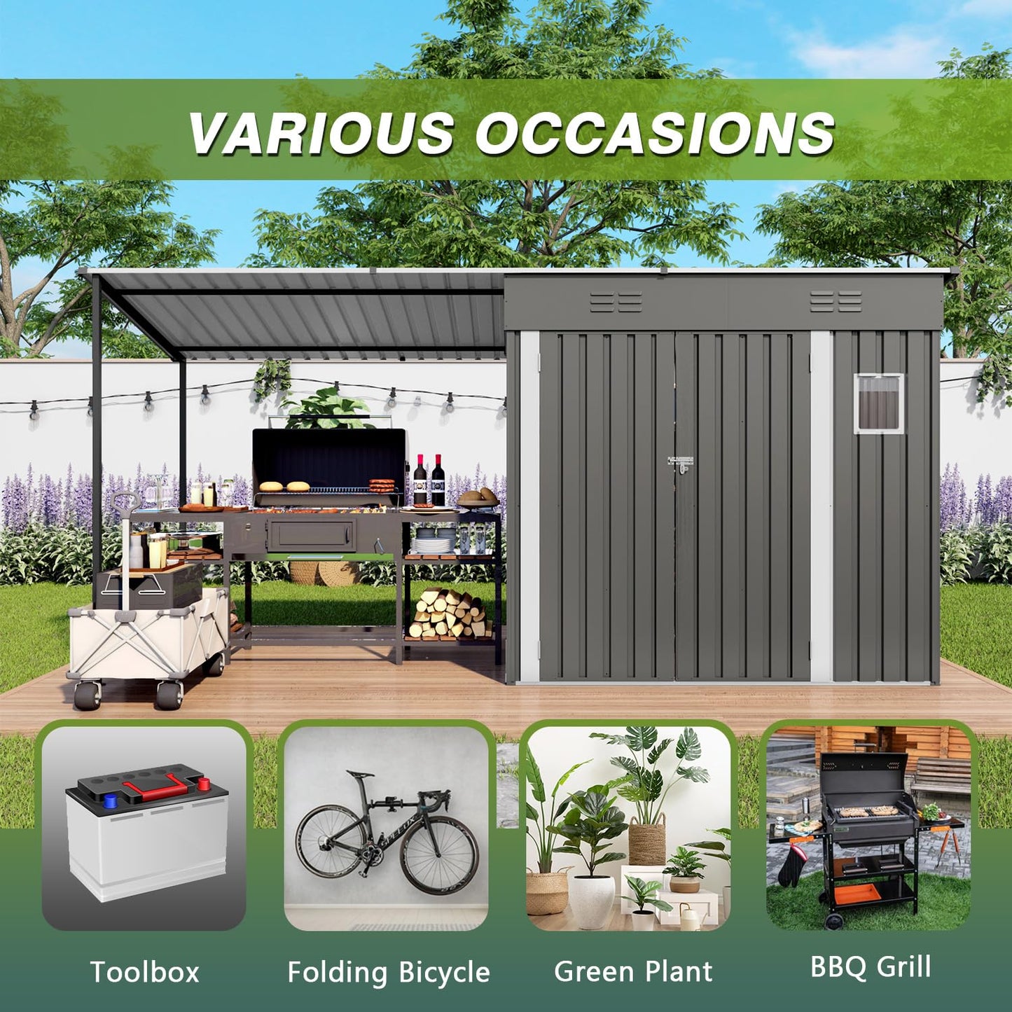 12x4FT Metal Lean-to Shed with Open-Sided Pergola, 4'x6' Outdoor Storage Shed & 6'x4' Hardtop Gazebo Combo, 2-in-1 Garden Storage Tool Shed for Patio, Backyard, Outdoor Organization Structure