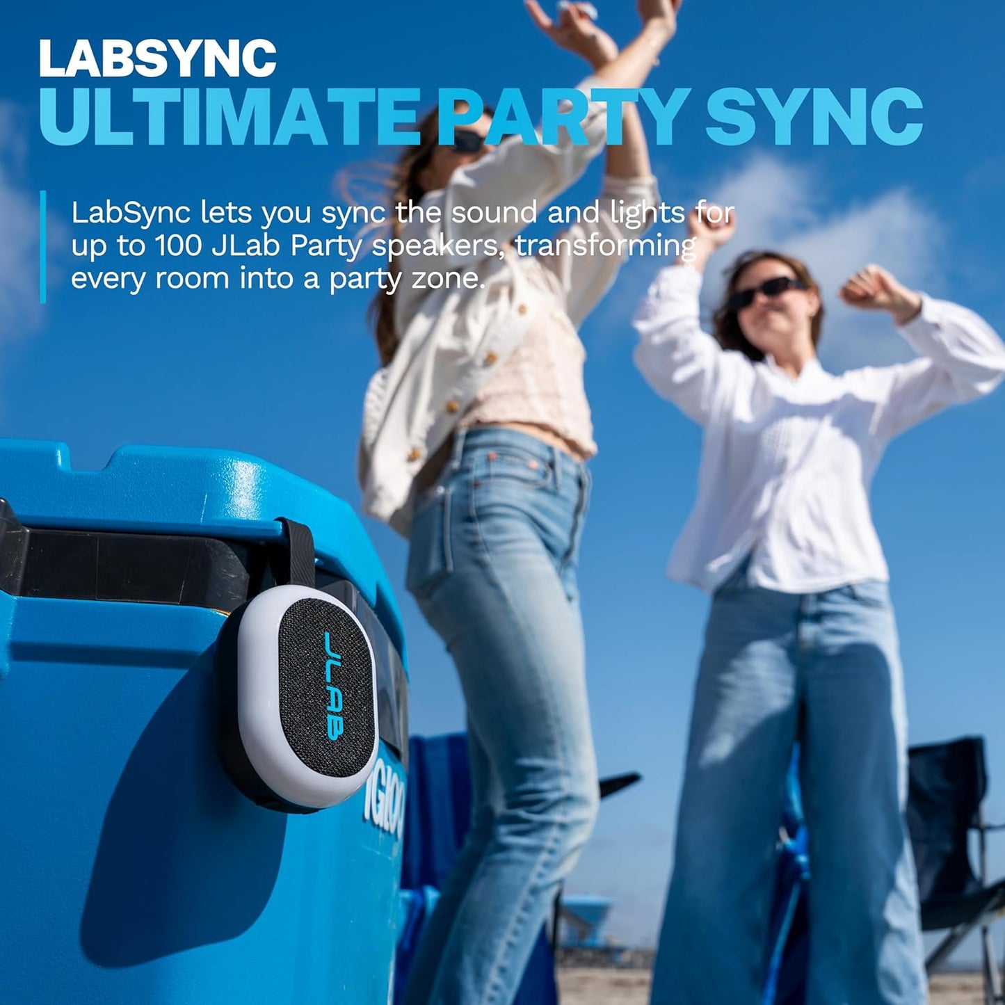 JLab 8+ IP55 100 Pop Party Portable Bluetooth Speaker, Black, Hours of Playtime, Waterproofing, Detachable Loop Handle