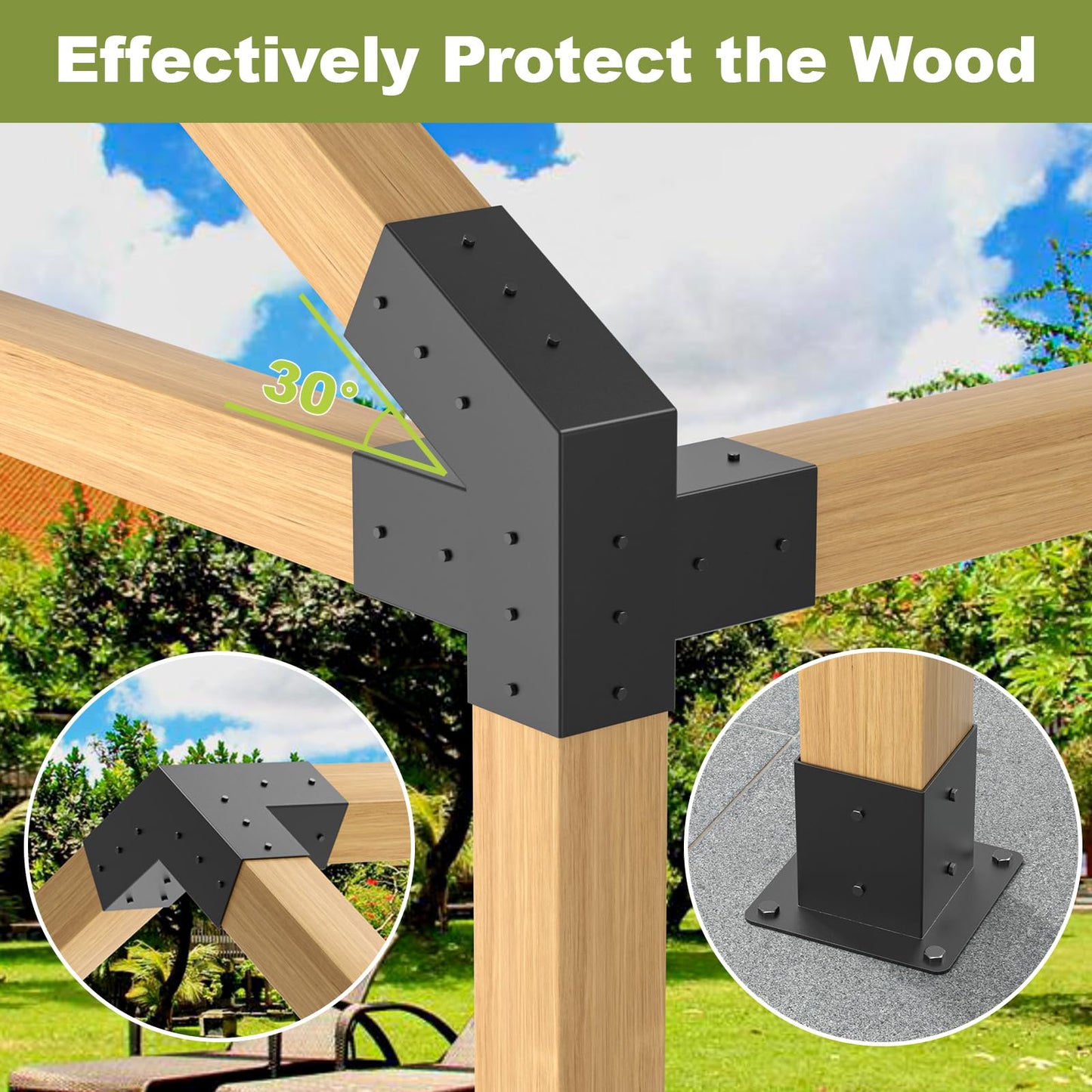 Pergola Kit, 30° Slanted Roof Bracket Set, Roof Wall Mount Extension Bracket Kit,4" x 4" (Actual: 3.5x3.5 Inch) Powder-Coated Pergola Hardware for Porch,Gazebo, Backyard(10pcs)