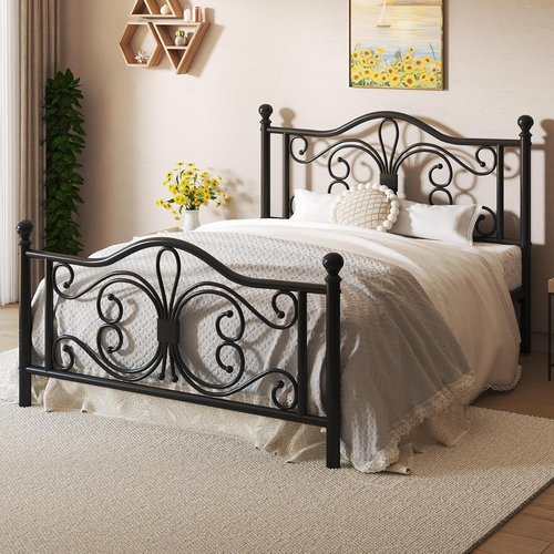 LOEWAY Queen Size Metal Platform Bed Frame - Butterfly Pattern Headboard & Footboard | Strong Slats, Easy Assembly, Noise-Free, Black