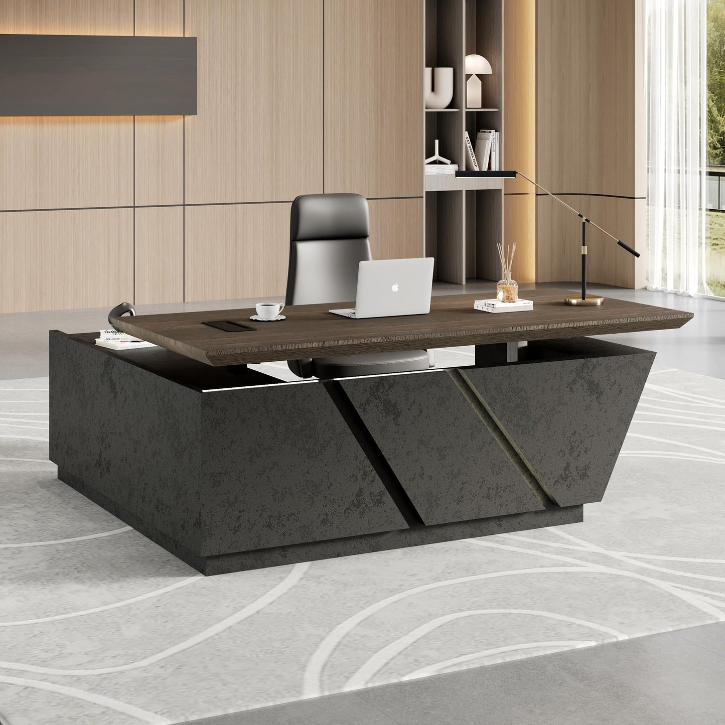 SAINTCY Adjustable Executive Desk - Luxury L Shaped Desk with Drawers, Large Table with File Cabinets, Executive Office Desks with LED Light Strip Home Office Desk for Professionals
