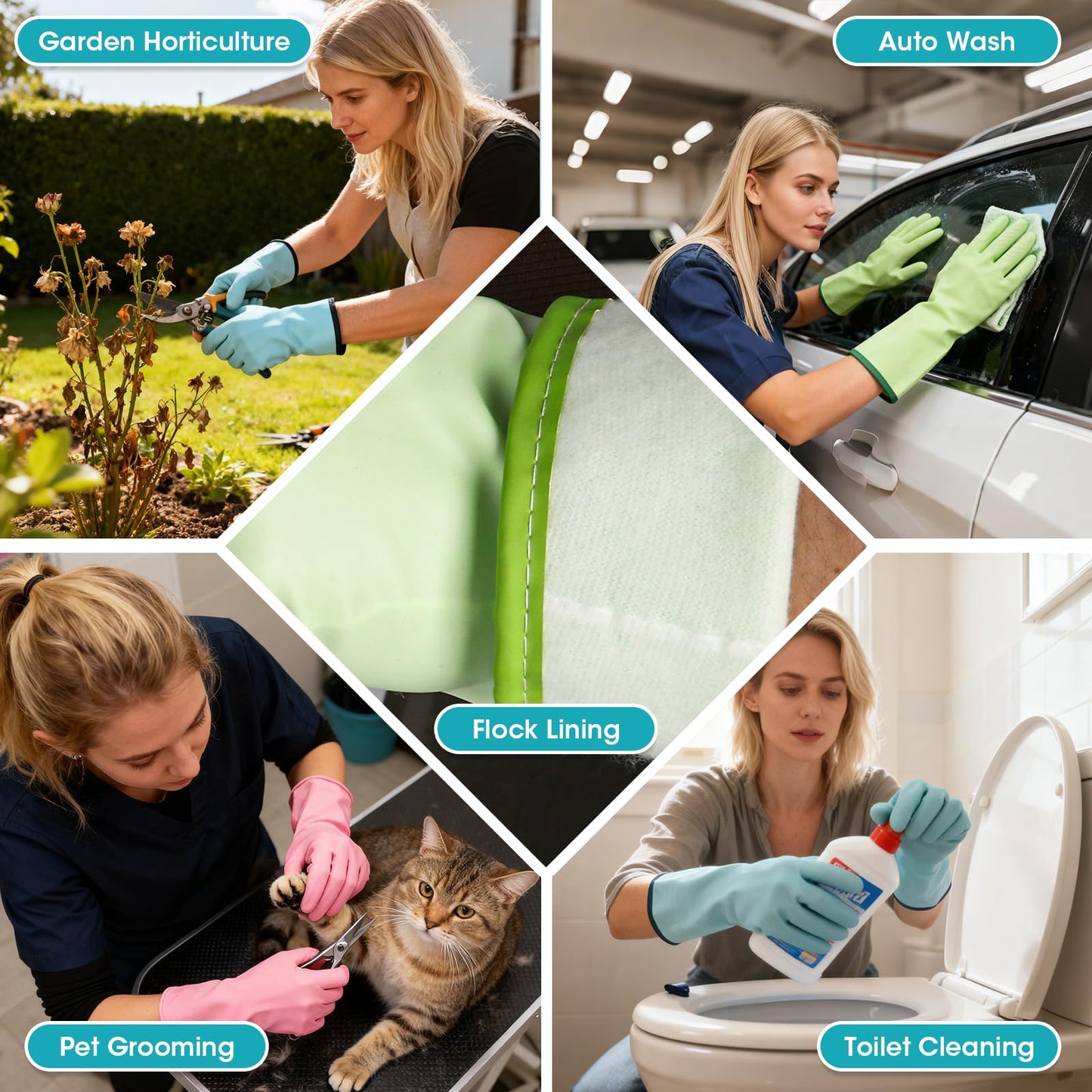 choosme Household Gloves Waterproof with Flock Lining for Dishwashing Cleaning Reusable No-slip for Kitchen & Bathroom 3 Pairs Medium Blue+Green+Pink