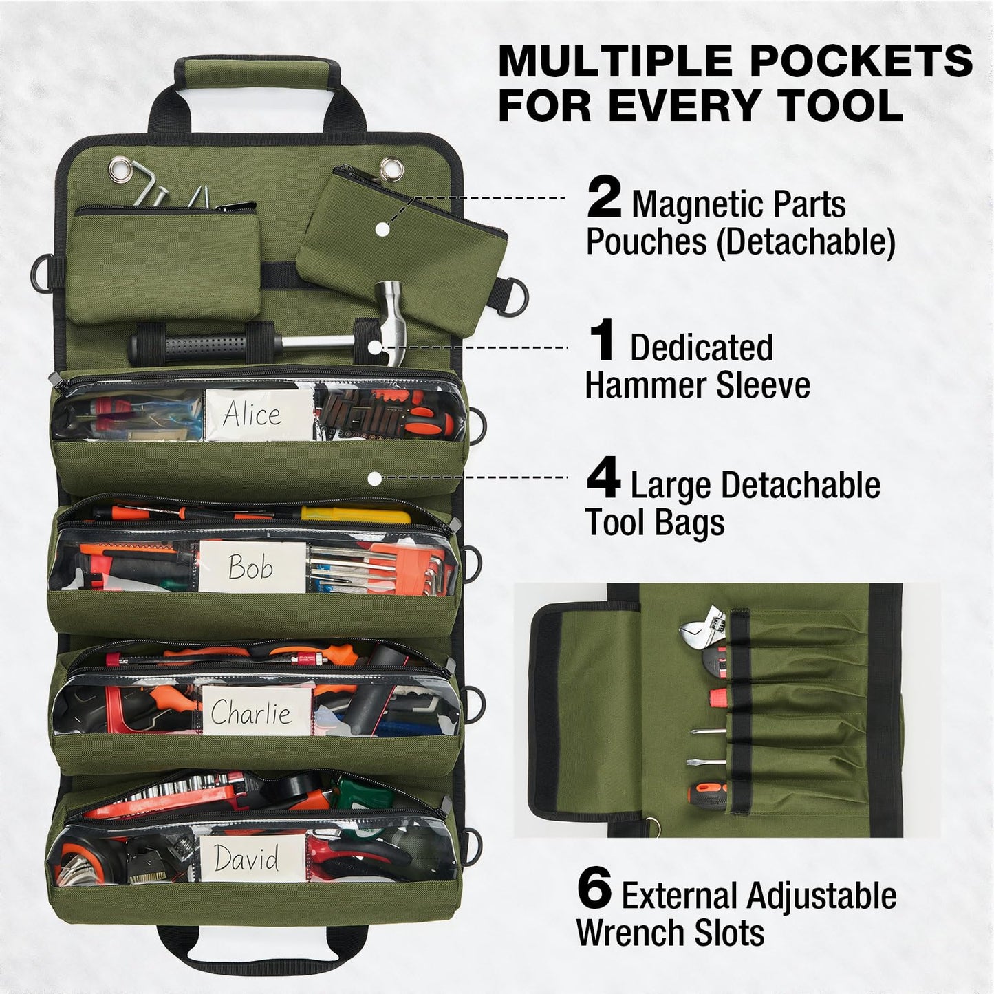 HISEA Roll Up Tool Bag, Heavy Duty Tool Storage Large-Capacity, 27"*14" Portable Tools Organizer with Utility Detachable Pouches, Waterproof Tool Roll Bag for Mechanic, Electrician, Gifts