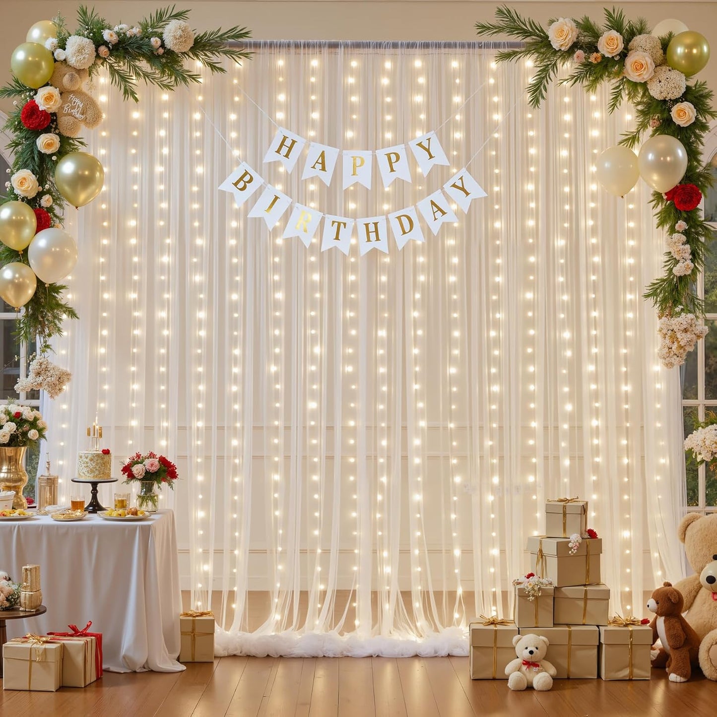 Suppromo 108ft Ivory Sheer Backdrop Curtains with Lights String for Parites Wedding Tulle Backdrop Curtains for Baby