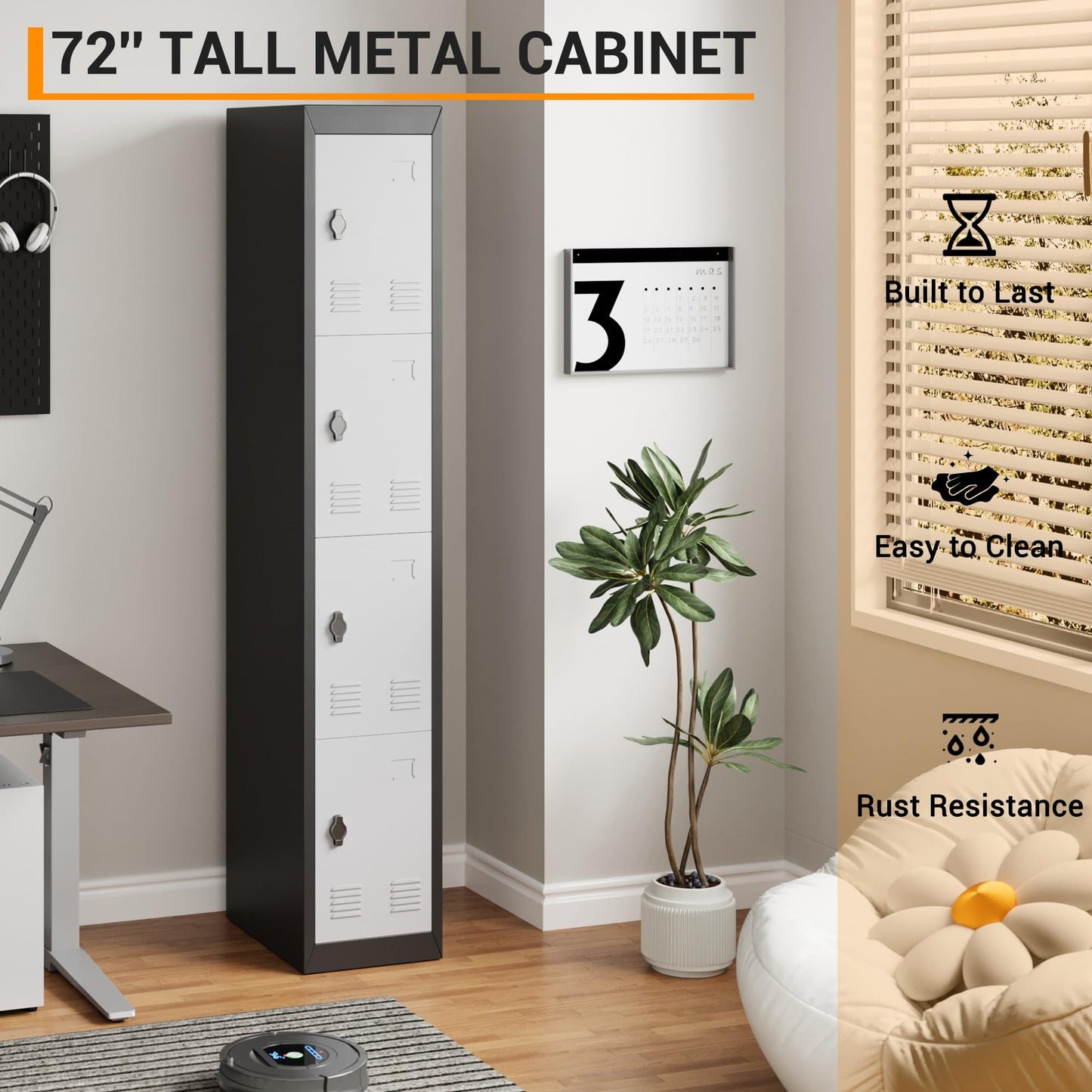 GarveeTech 72’’ Metal Storage Cabinet with 4 Door, Lockers for Employees Students with Shelves, Metal Storage Steel Locker for School Office Gym Home Warehouse, Assembly Required, Grey+Black