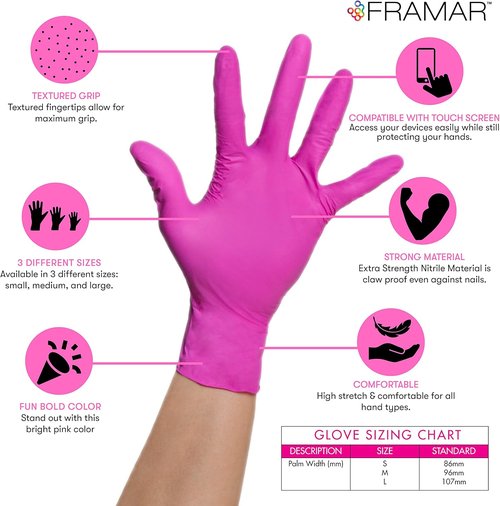 FRAMAR Pink Nitrile Gloves - Disposable, Latex-Free, Medium Size for Hair Dye & Salon Use | 100 Pack