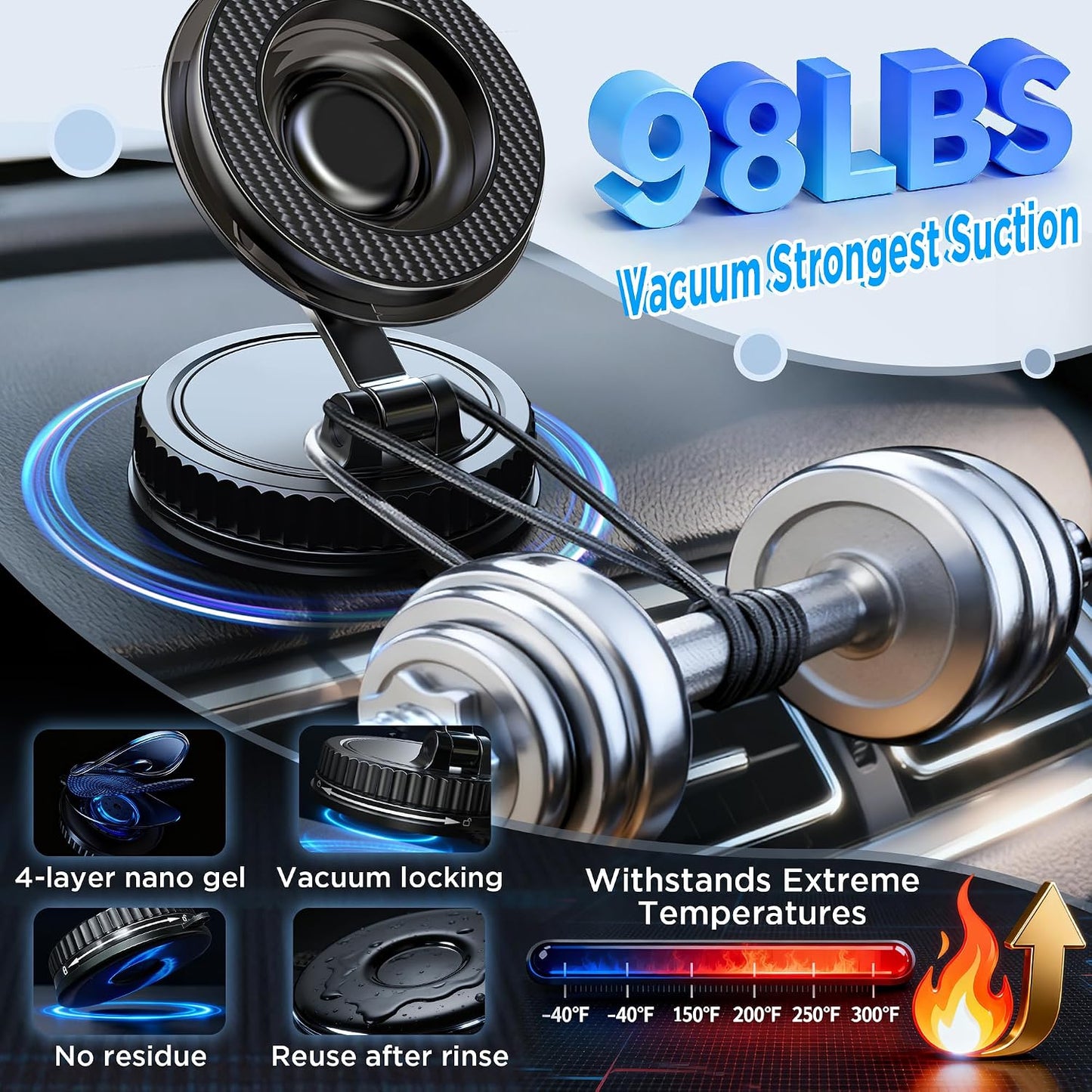 360 N52 Vacuum Magnetic Phone Holder for Car, Adjustable Suction Mount with Magnets, Magsafe Suction Cup Phone Mount