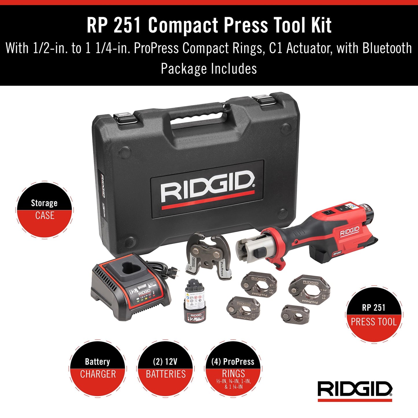 RIDGID 78198 RP 251 Compact Press Tool Battery Kit with ProPress Rings (1/2" to 1-1/4") and C1 Actuator, In-Line Pressing Tool for Copper, Stainless Steel, PEX, and Carbon Steel
