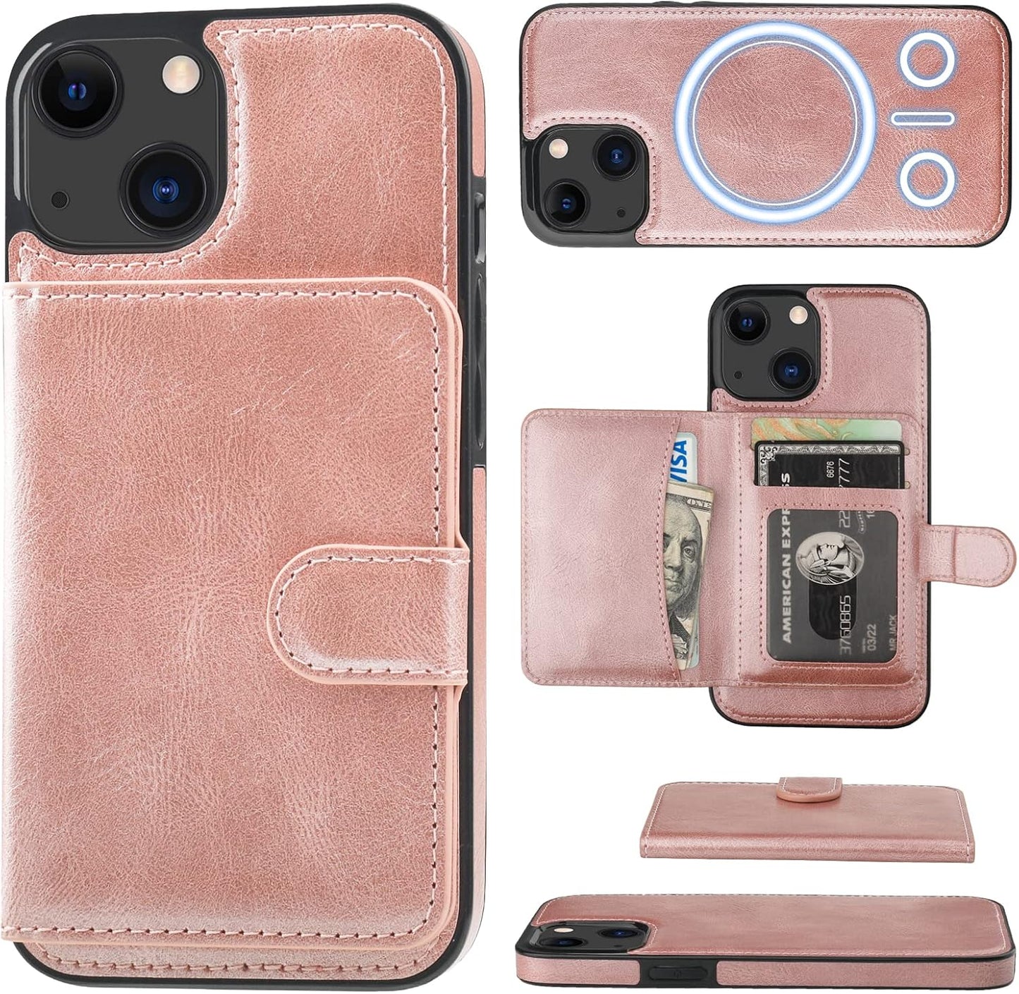 Bocasal 13 6.1 Inch Wallet Case for iPhone Compatible with MagSafe Magnetic RFID Blocking Detachable Premium PU Leather