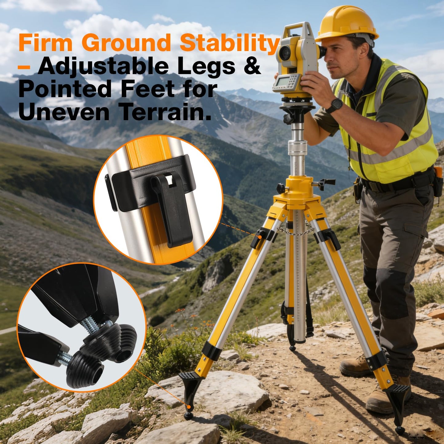 MOETER Heavy Duty Elevator Tripod for Laser Level, Adjustable Legs Surveying Tripod, 27" to 94" Height Adjustable for Cross & Rotary Lasers, Auto Levels, Theodolites, and Total Stations