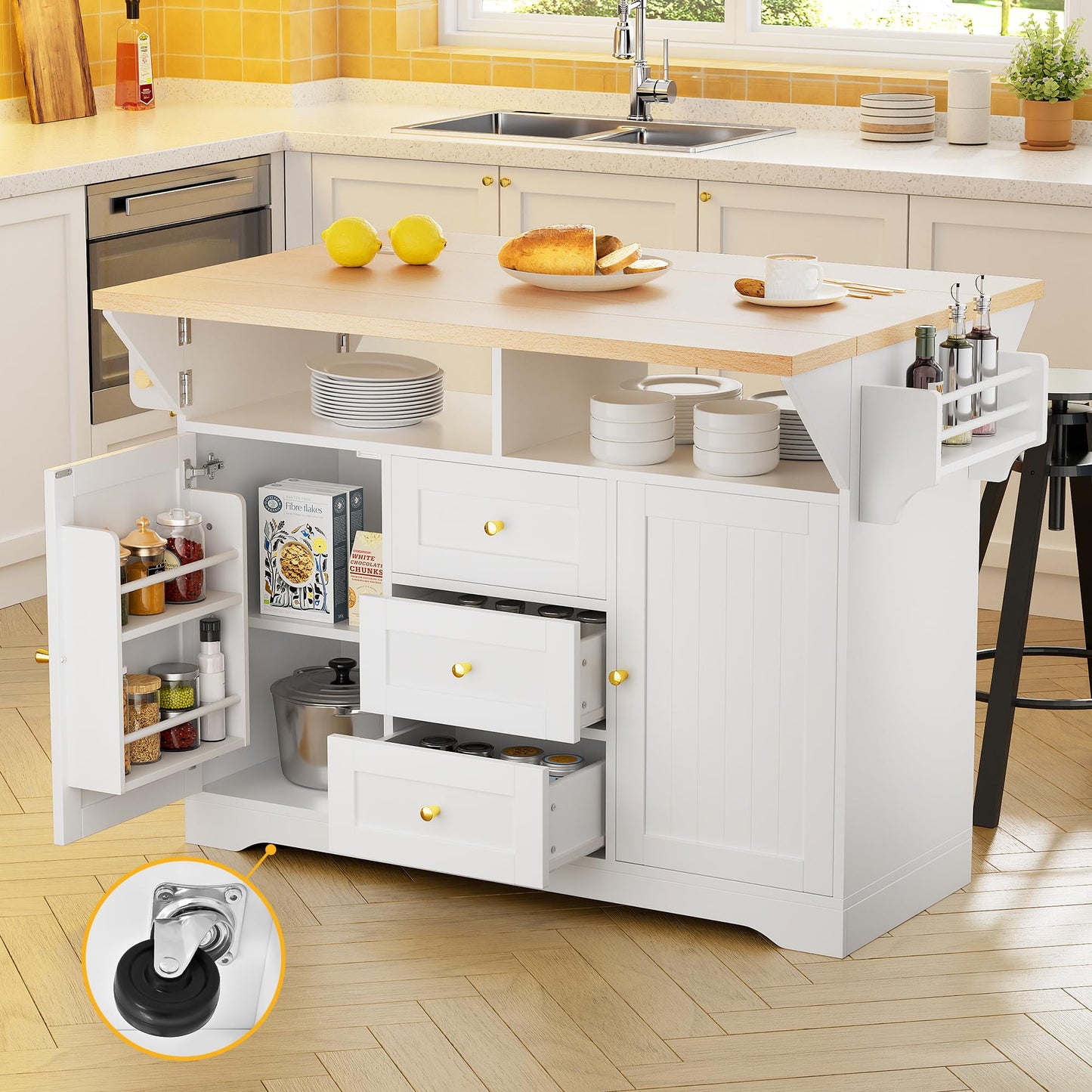 PVWIIK Large Kitchen Island,48 * 18 * 37 Rolling Kitchen Cart on 5 Wheels,Folding Storage Dining Table with 2 Drop Leaf,Spice & Towel Rack & 3 Drawers,Power Outletfor Kitchen, Dining Room,White