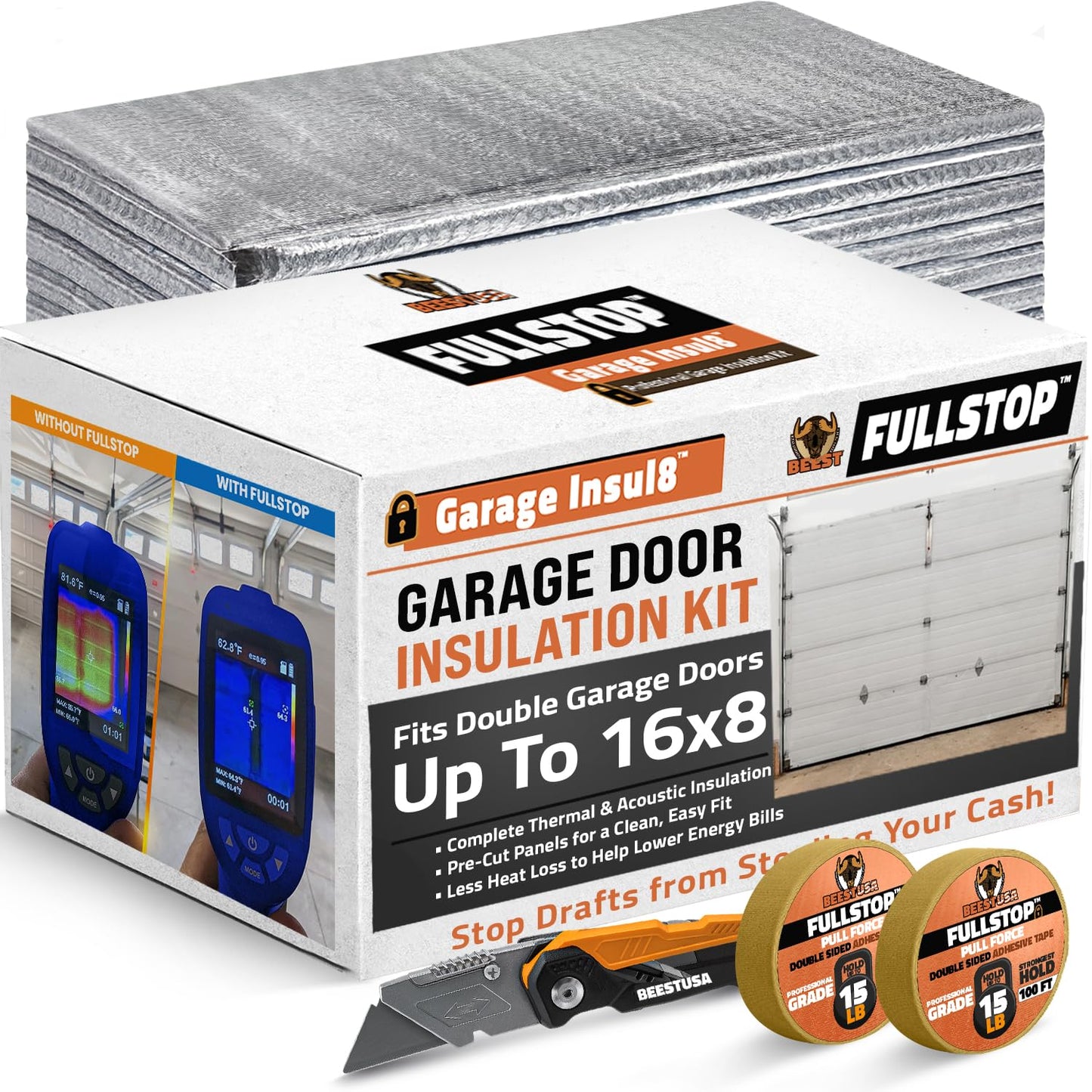 BEEST FULLSTOP Garage Door Insulation Kit - 16x7 & 16x8ft Double Garage Door Insulation Panels - 16 Pre-Cut 24x48 Foam-Core Panels w/ Tape, Cutter & Squeegee - Easy DIY For Instant Temperature Control