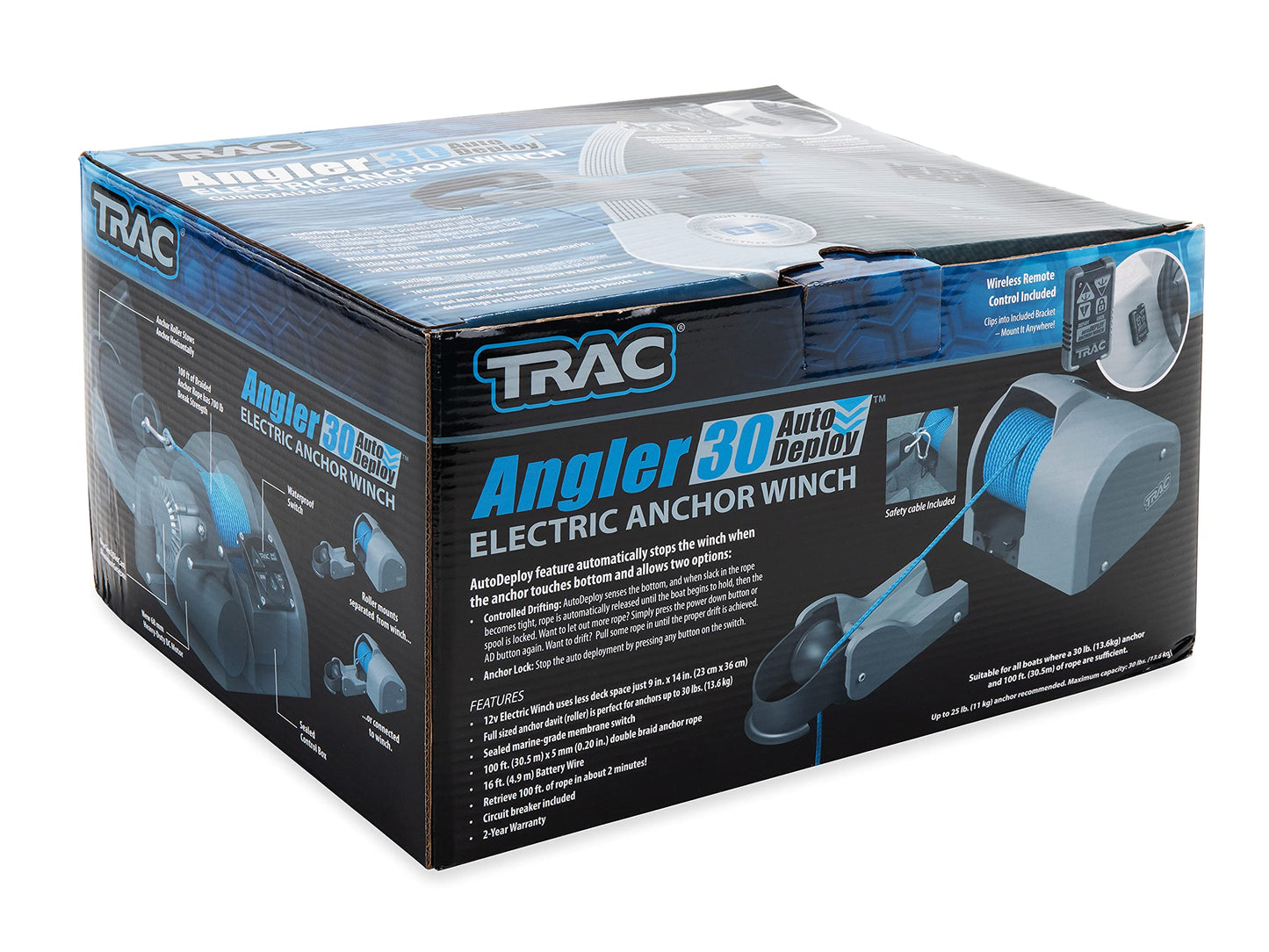 TRAC-Outdoor Products Angler 30 AutoDeploy-G3 Electric Anchor Winch - Anchors Up to 30 lb. - Includes 100-feet of Pre-Wound Anchor Rope with Use (69004), Gray, Normal