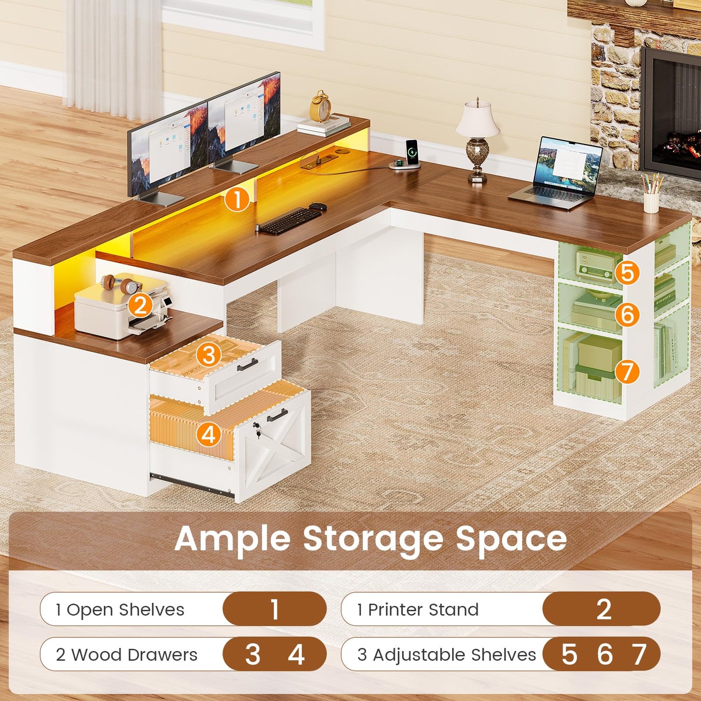 SEDETA L Shaped Desk with 2 Drawers, 65"x 59" Large Home Office Desk with Lockable File Drawer & Power Strip, Corner Desk with Storage & LED Strip, White + Brown