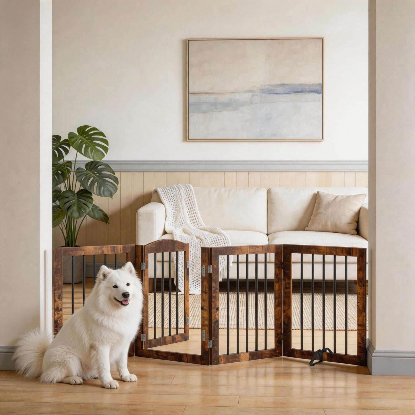 Vantas Folding Pet Gate 80" Wide, 30" Tall No-Assembly Wooden Dog Gate with Door Walk Through, Freestanding Puppy Safety Fence, with 2PCS Support - Rustic Brown