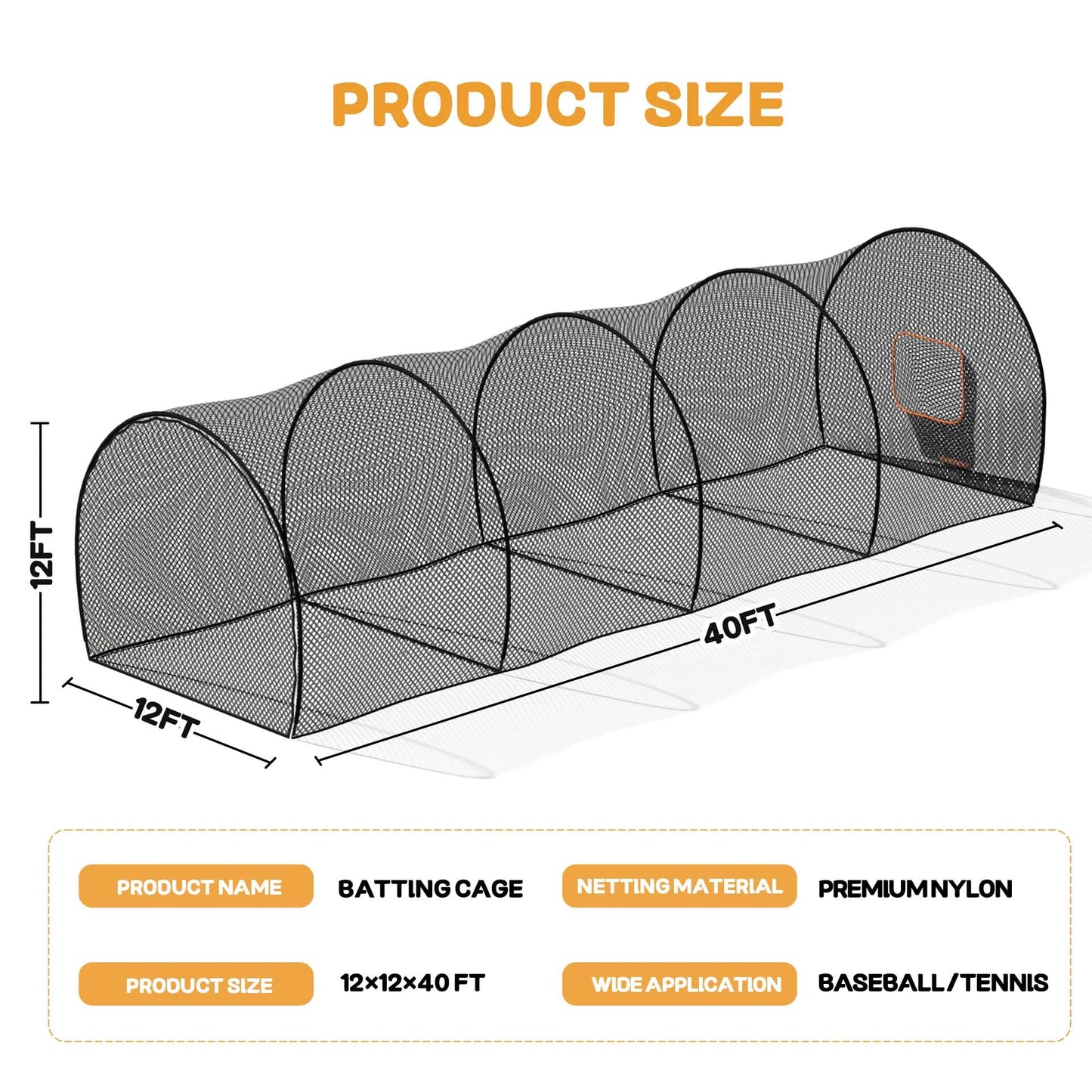 MR 40FT Batting Cage Baseball Softball w/Sock Pocket, Hitting Cage Net and Frame Backyard Baseball Softball Training Equipment, Freestanding Portable