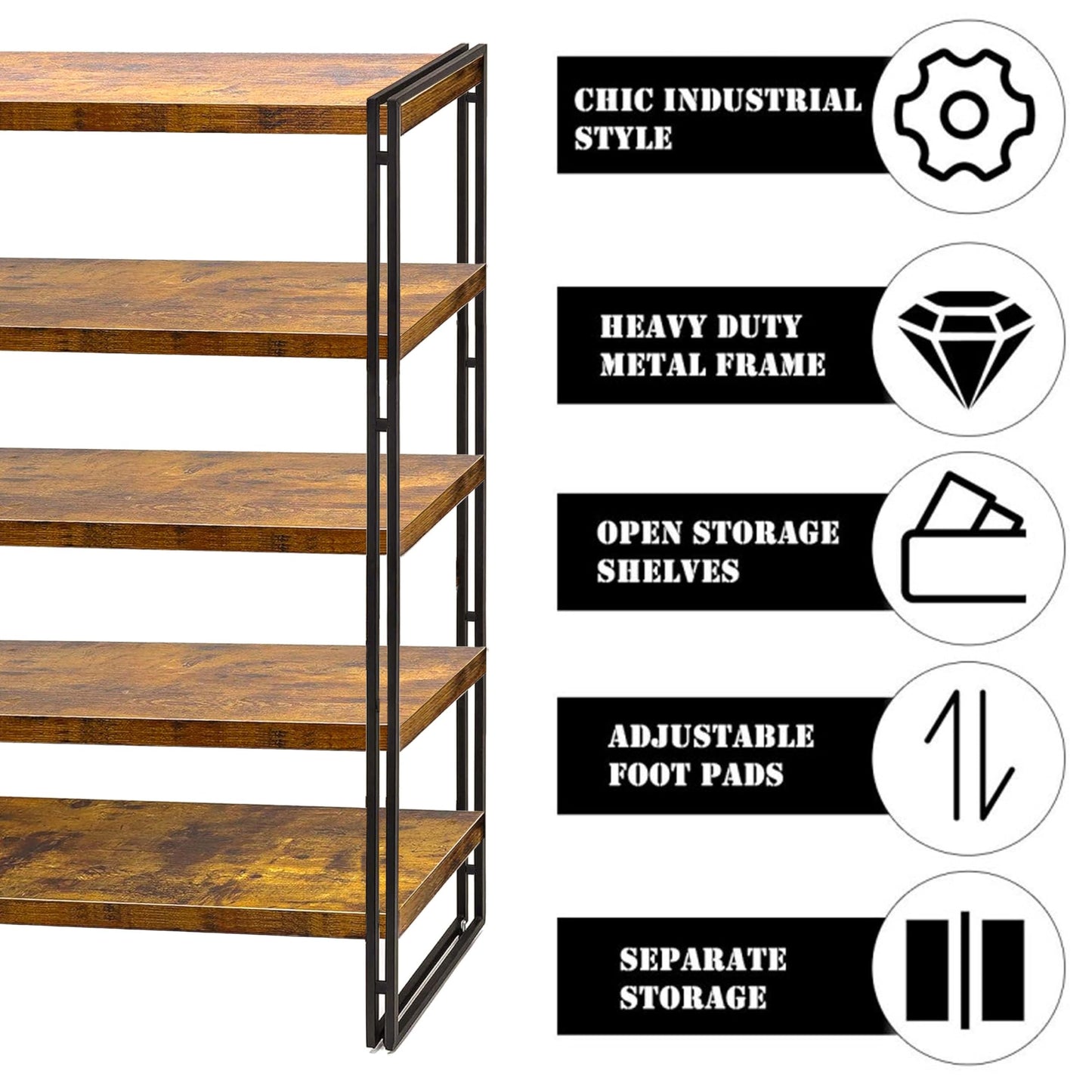 HIBOAT 47" 5-Tier Bookshelf Rustic Wood and Metal Industrial Bookshelf for Home Office, Bedroom, Kitchen, Bathroom (Rustic Brown, 5-Tier)