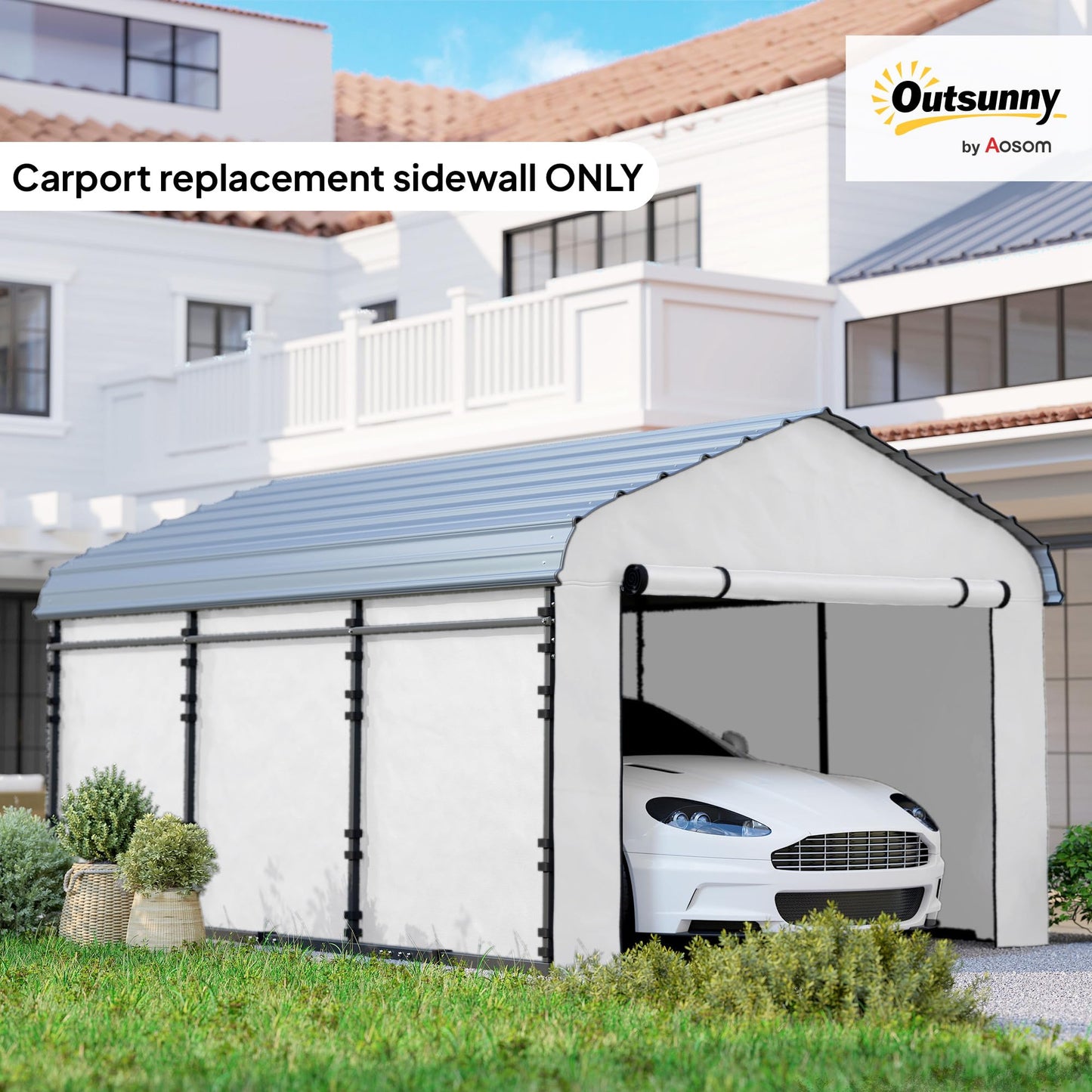 Outsunny Carport Replacement Sidewall Panels Set of 4 for 12' x 20' Carports, UPF50+ Waterproof PE Tarp Replacement Side Wall Cover with Zipper Door, Top Cover and Frame Not Included, White
