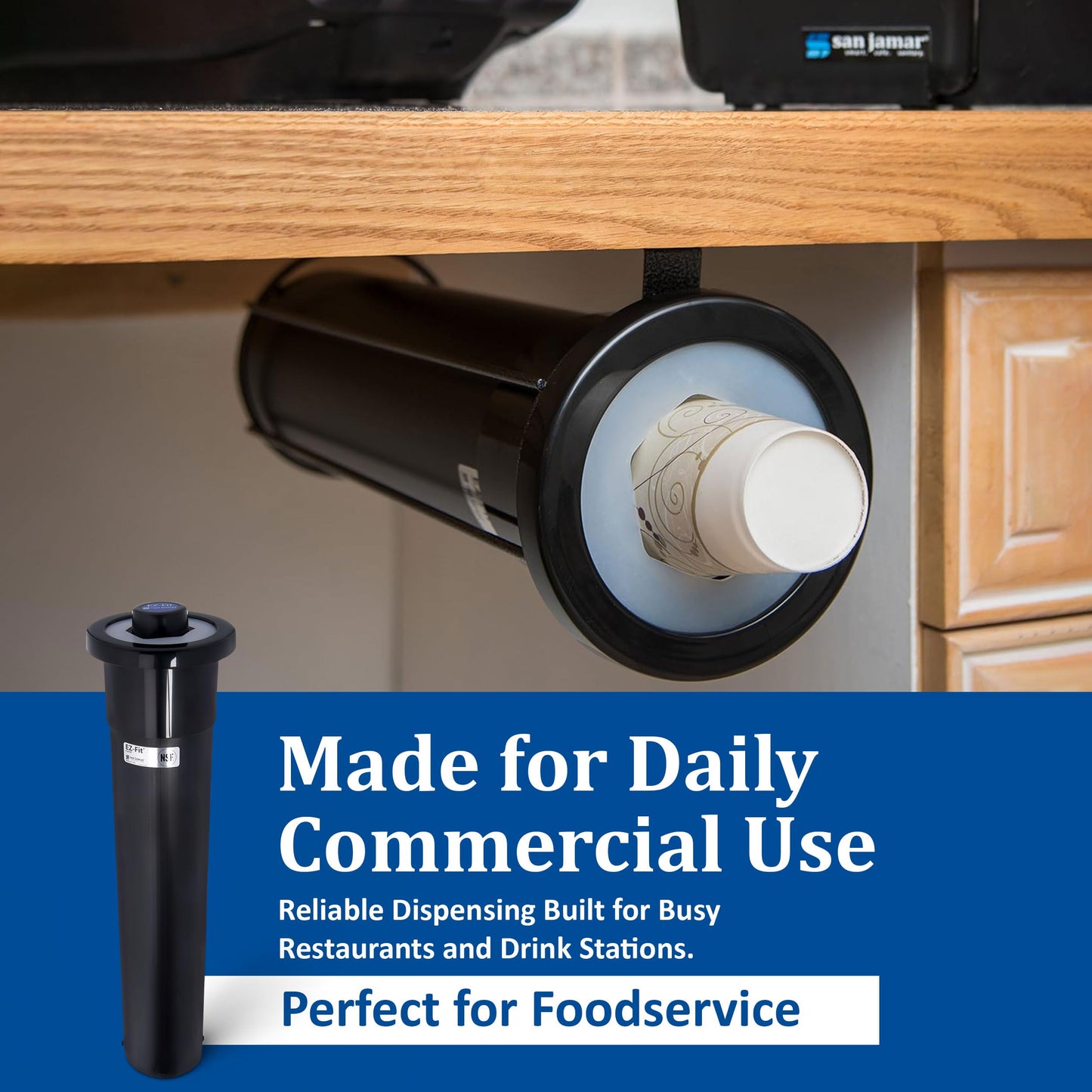 San Jamar Ez Fit Surface Mount Cup Dispenser Fits 6 - 24 Oz Cups with Interchangeable Gaskets for Restaurants, Dining Halls, and Fast Food, Plastic, 18 Inches, Black