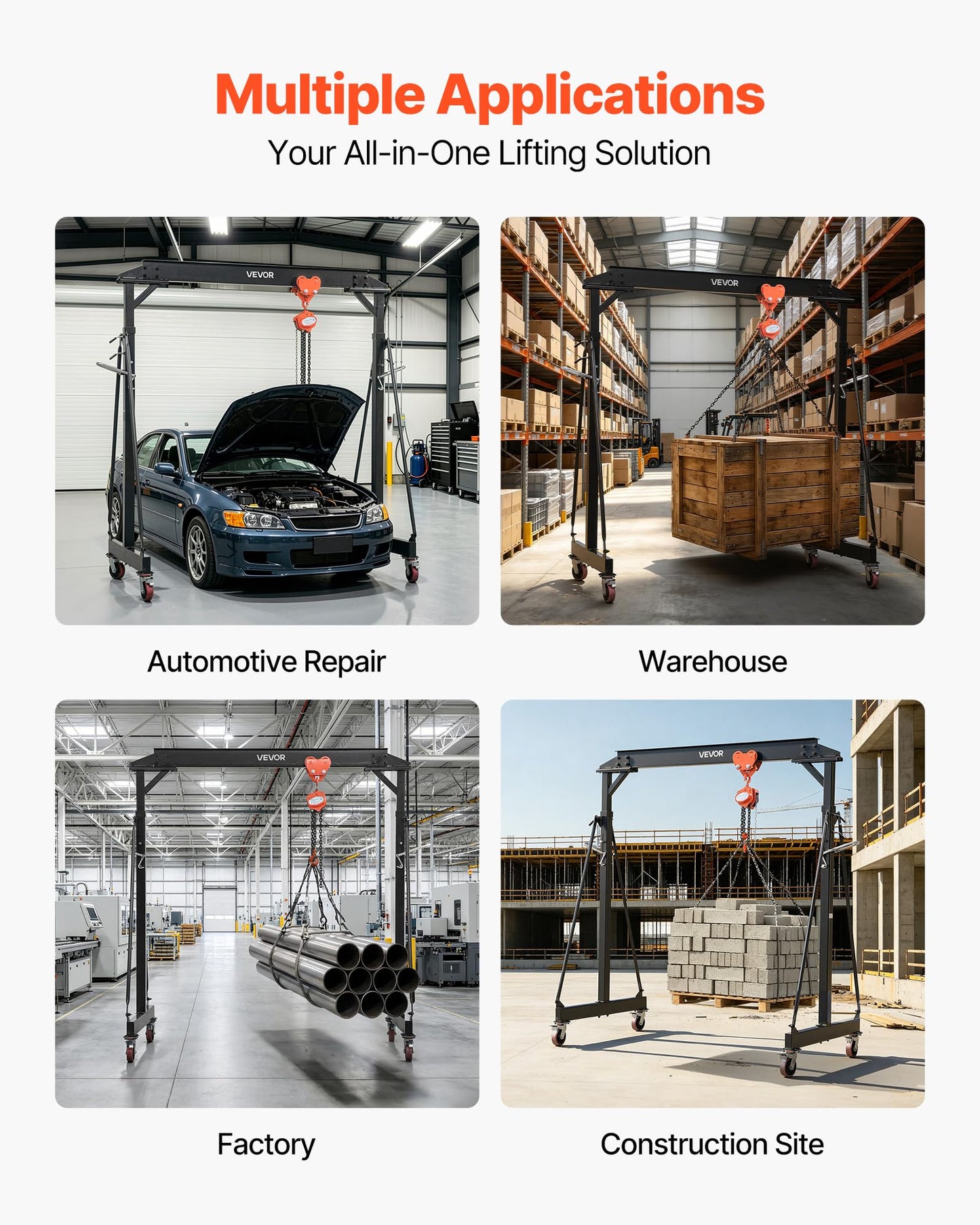 VEVOR Adjustable Gantry Crane, 4400 lbs Capacity, Portable Shop Lift Hoist with 99.6-146.9 in Height Adjustable, Manual Trolley, Hoist, Sling, Shackles, Hooks, for Garage Factory Warehouse Auto Repair