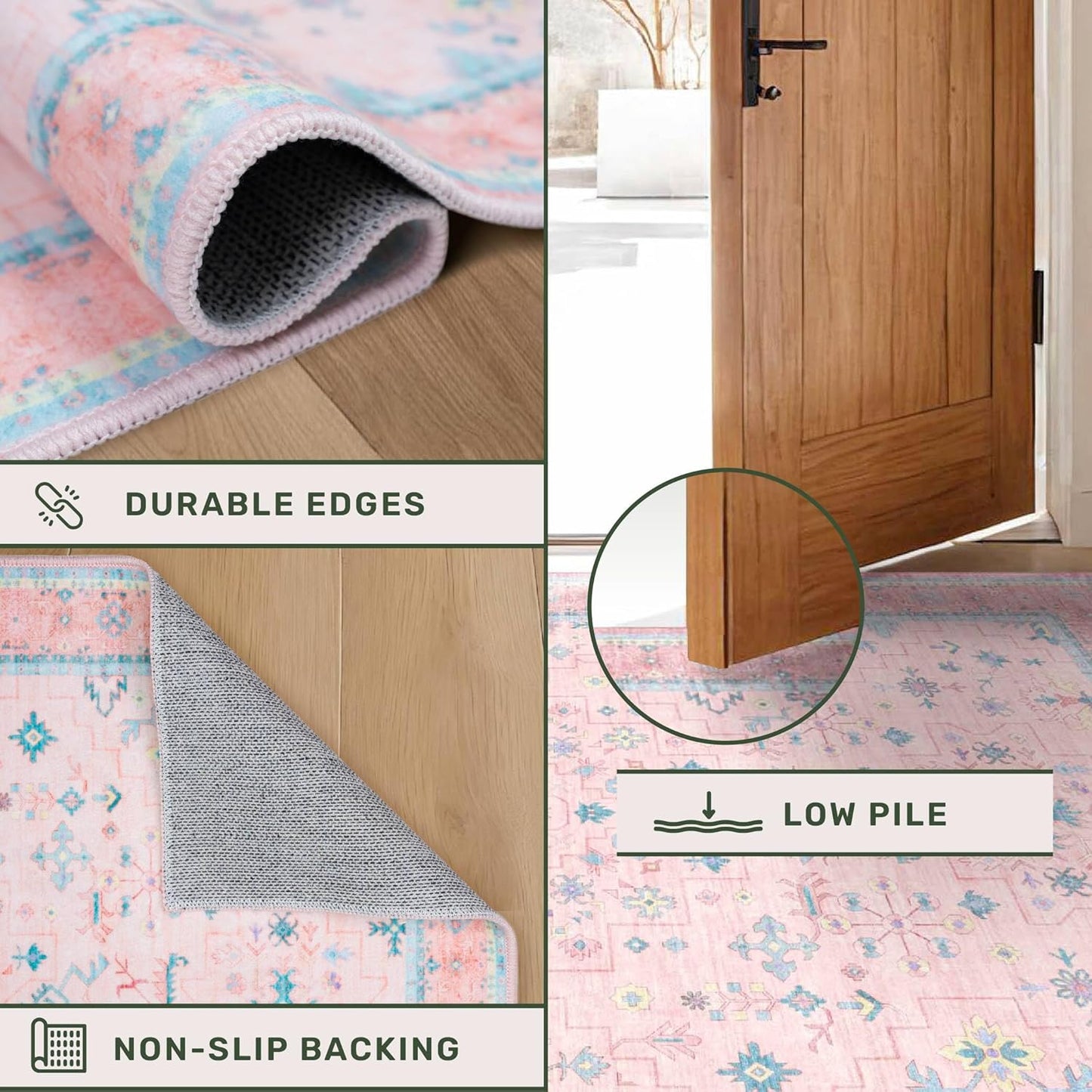Oushak Rugs | Washable Pink & Blue 7x10 Area Rug - Modern Floral Design, Soft Non-Slip Carpet
