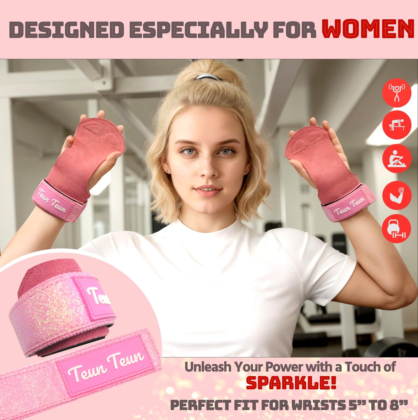 Teun Teun Glitter Wrist Straps for Weightlifting Pink Leather Gym Lifting Straps for Deadlifts, Weight Grips with Neoprene Padded Wrist Wraps Support
