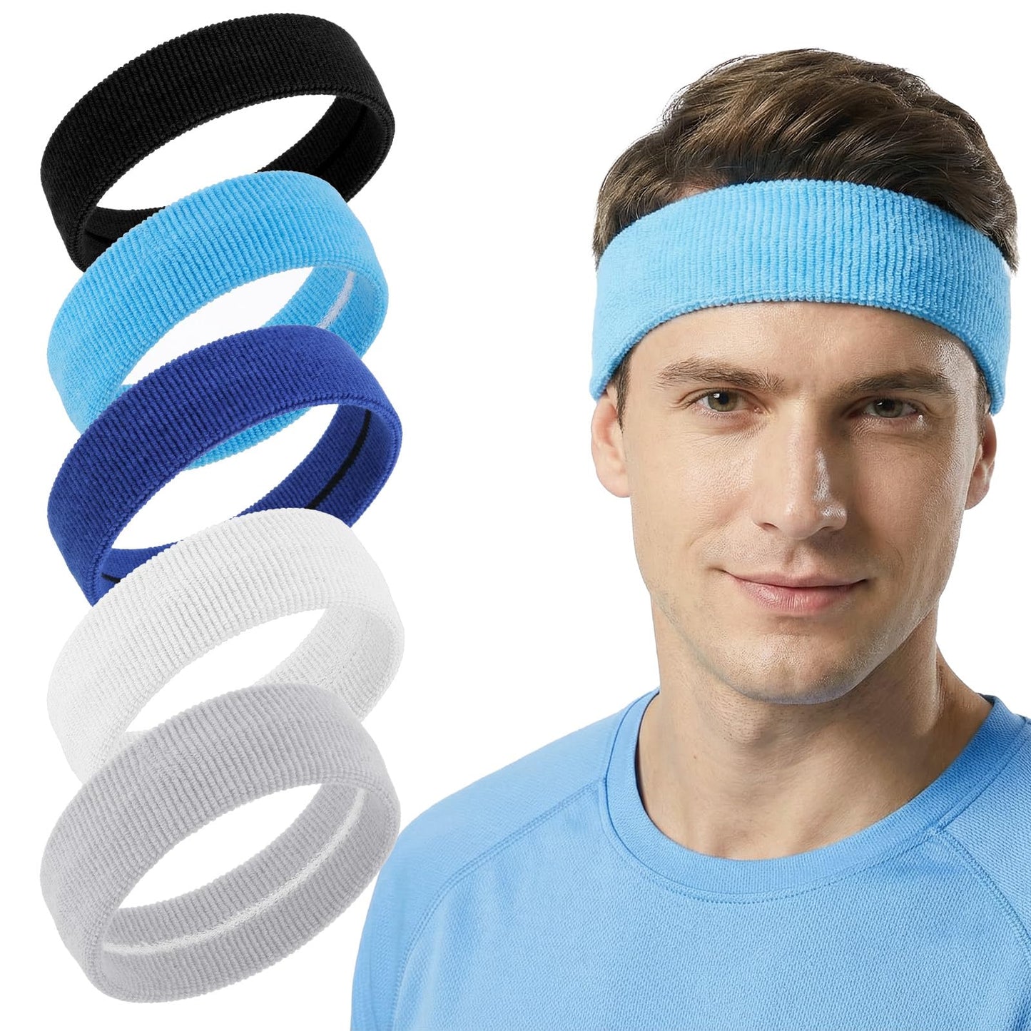 Headbands for Men 5 Pack Workout Sweatbands Non Slip Running Headband Sports Headbands Elastic Wicking Athletic Headband for Women Gym Indoor Fitness Basketball Yoga