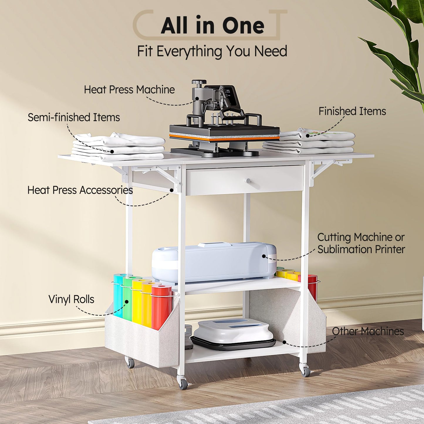 Crafit Extra Large Heat Press Table 2 Pack, Heat Press Stand Desk Cart with Vinyl Storage, Heavy Duty Metal Workbench for DIY Sublimation, T-Shirts Caps Mug & Tumbler Heat Transfer Projects