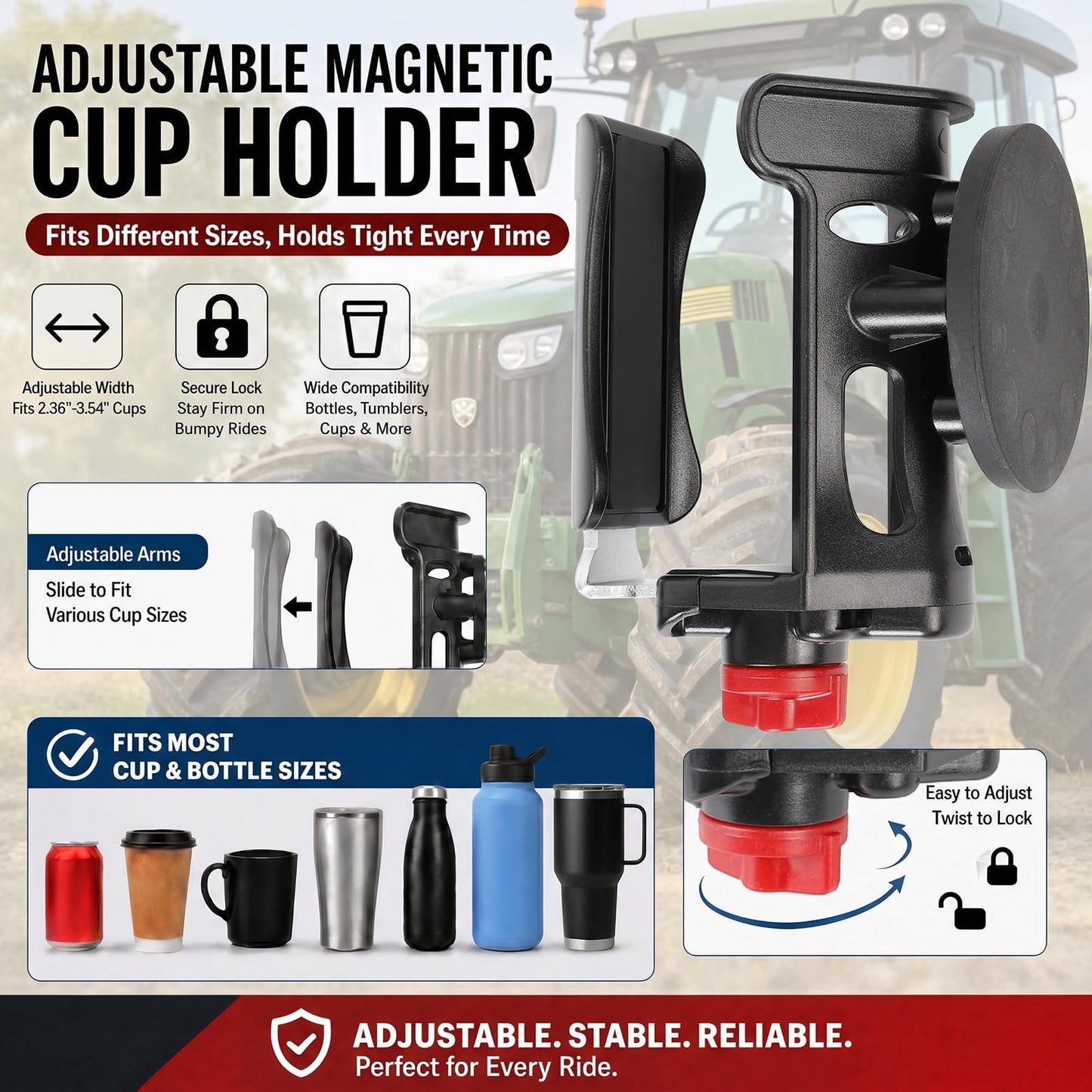 FPN Heavy-Duty Magnetic Cup Holder for Tractor, [3.5" Base, 88lb Force], Upgraded Adjustable Drink Holder for Large Water Bottles (2.36-3.54" Dia), Cup Holder for Mower, School Bus, Truck, Golf Cart