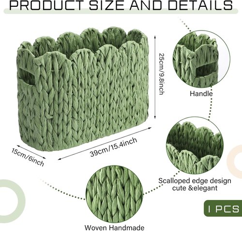 Kathfly Toilet Paper Storage Basket - Sage Green Scalloped Wicker Holder for Up to 6 Mega Rolls | Versatile Organizer for Home & Office