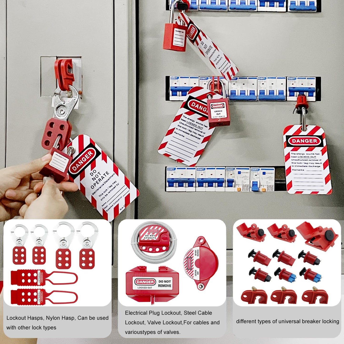 SAFBY 2-in-1 Lockout Tagout (Loto) Kits–Complete OSHA Safety Group Lock Out Hasps, Tag Out Clamp-On Circuit Breaker Lockout for Universal Multi- Pole Breaker Electrical Kits Station (2 Kits in 1)